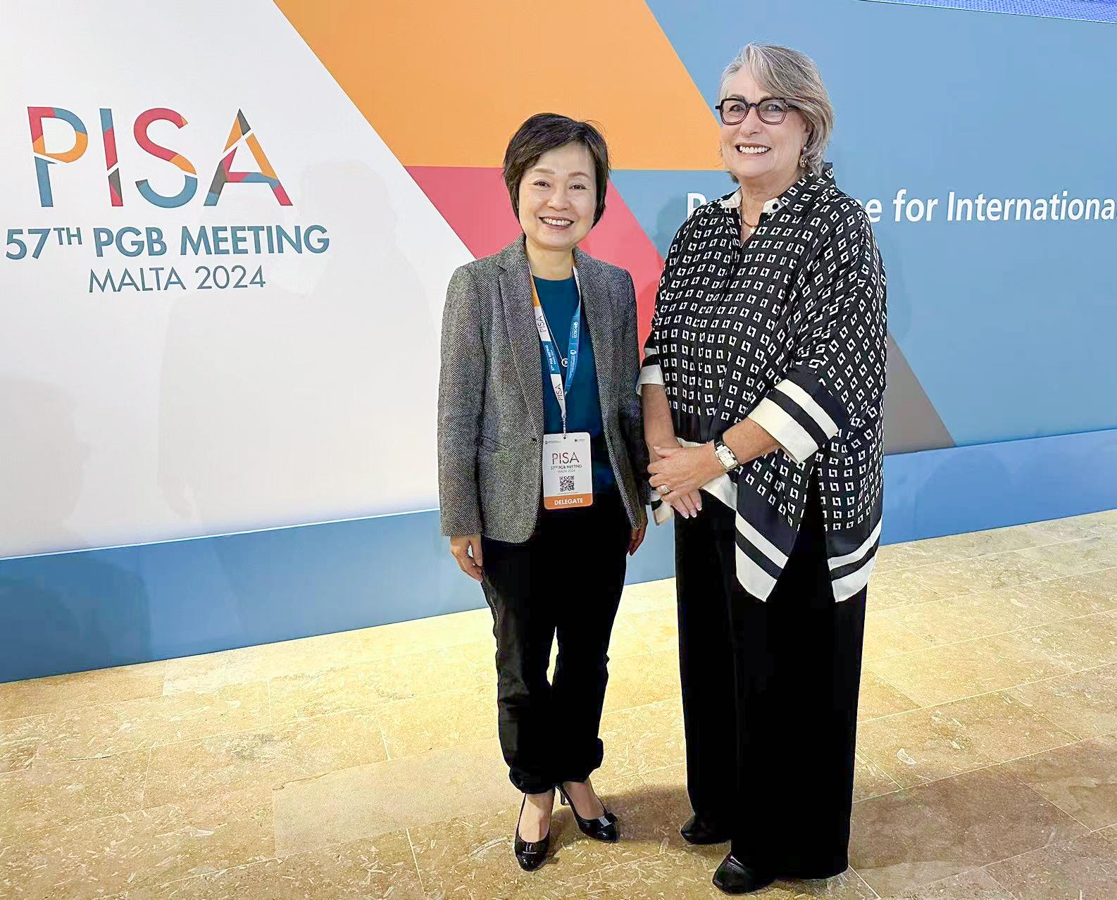 The Secretary for Education, Dr Choi Yuk-lin, attended the Programme for International Student Assessment (PISA) Governing Board Meeting organised by the Organisation for Economic Co-operation and Development in Malta from April 17 to 19 (Malta time). Photo shows Dr Choi (left) and the Chair of the PISA Governing Board, Dr Michele Bruniges (right).