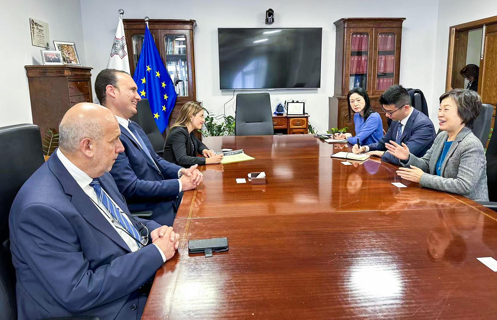 The Secretary for Education, Dr Choi Yuk-lin (first right), meets the Minister for Education, Sport, Youth, Research and Innovation, Dr Clifton Grima (second left), in Malta on April 17 (Malta time).