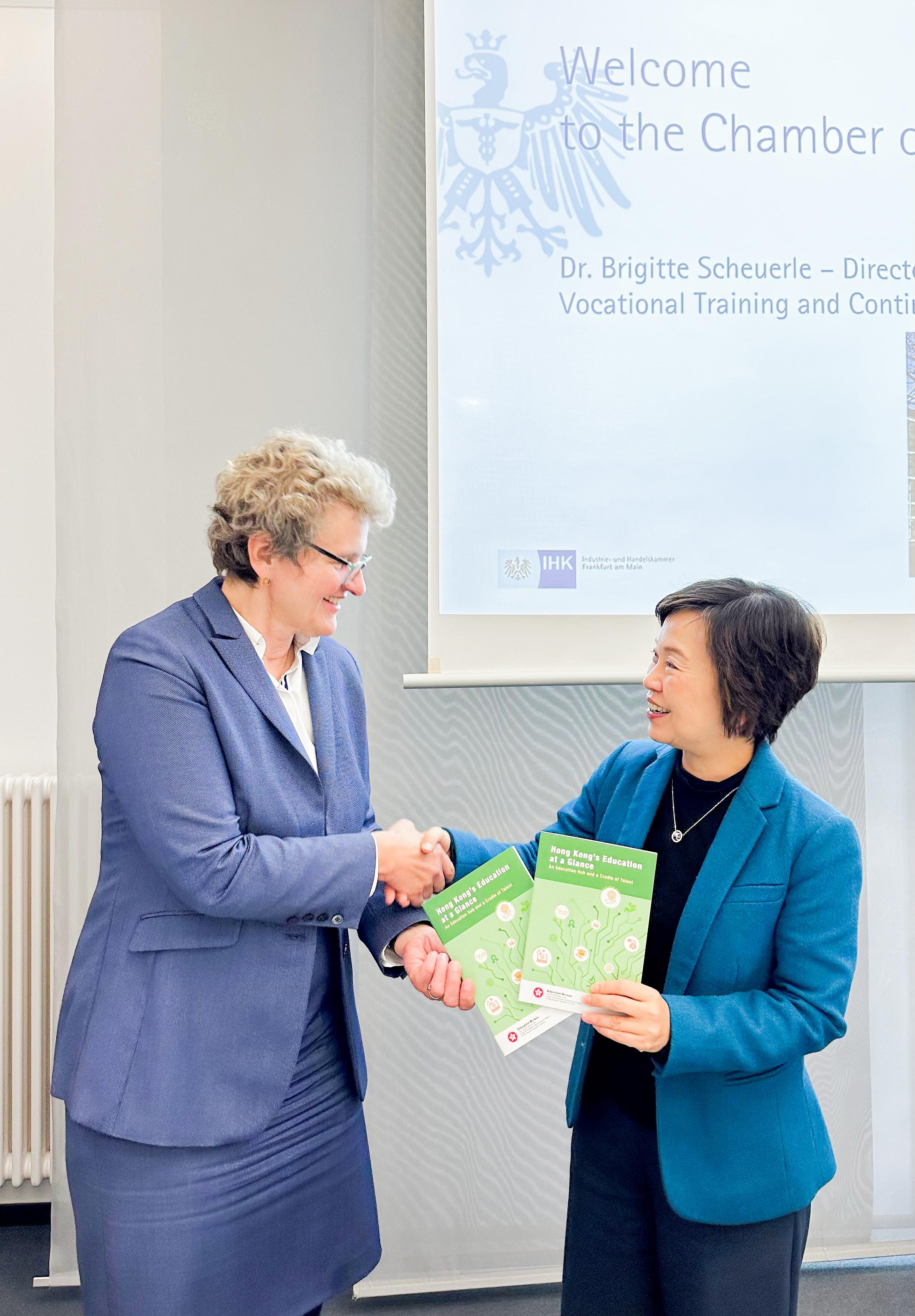 The Secretary for Education, Dr Choi Yuk-lin (right), meets the Managing Director, Training and Further Education, Vocational Training Committee of the Frankfurt am Main Chamber of Commerce and Industry, Dr Brigitte Scheuerle (left), in Frankfurt, Germany, on April 22 (Frankfurt time).