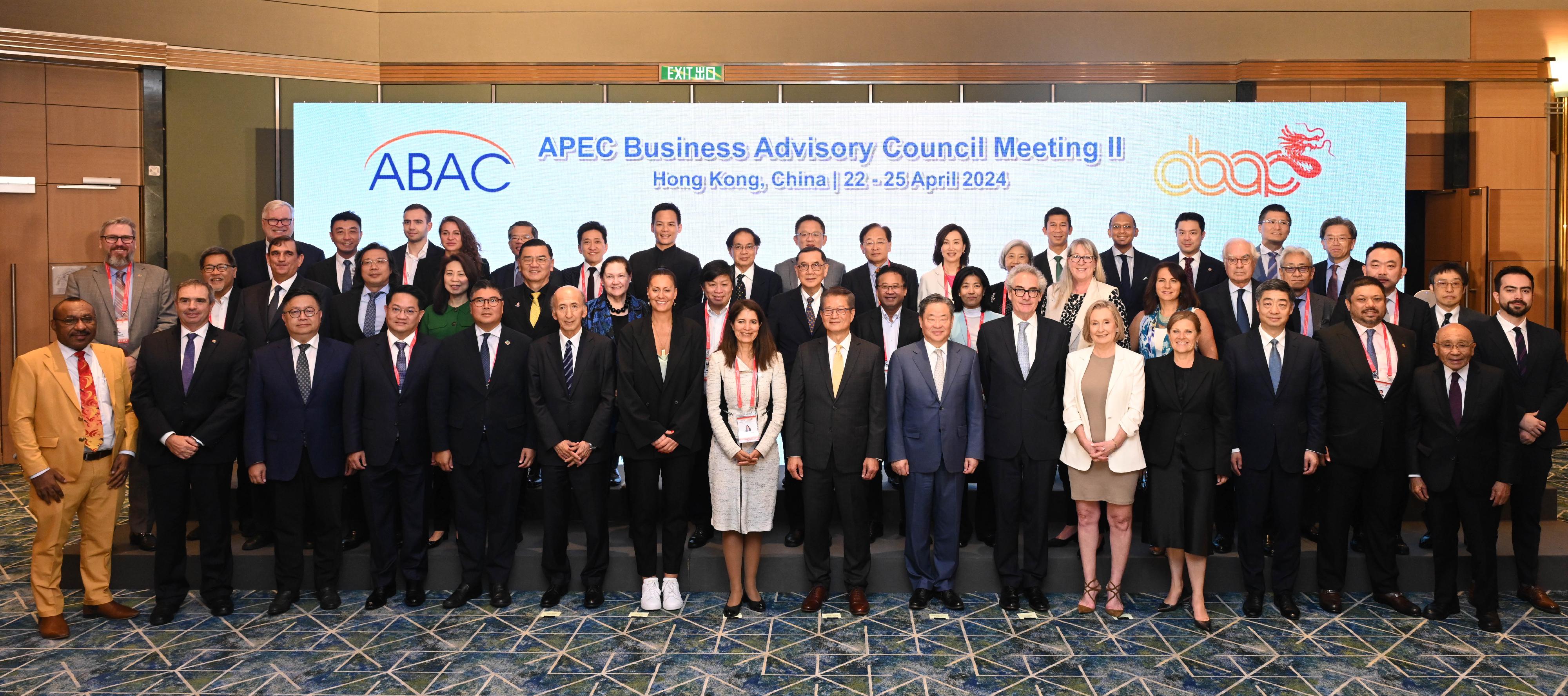 The Financial Secretary, Mr Paul Chan, attended the Opening Ceremony of the 2024 Second Asia-Pacific Economic Cooperation Business Advisory Council (ABAC) Meeting today (April 23). Photo shows Mr Chan (first row, eighth right) together with the Chair of ABAC 2024, Mrs Julia Torreblanca (first row, eighth left), and other members of ABAC at the opening ceremony. 