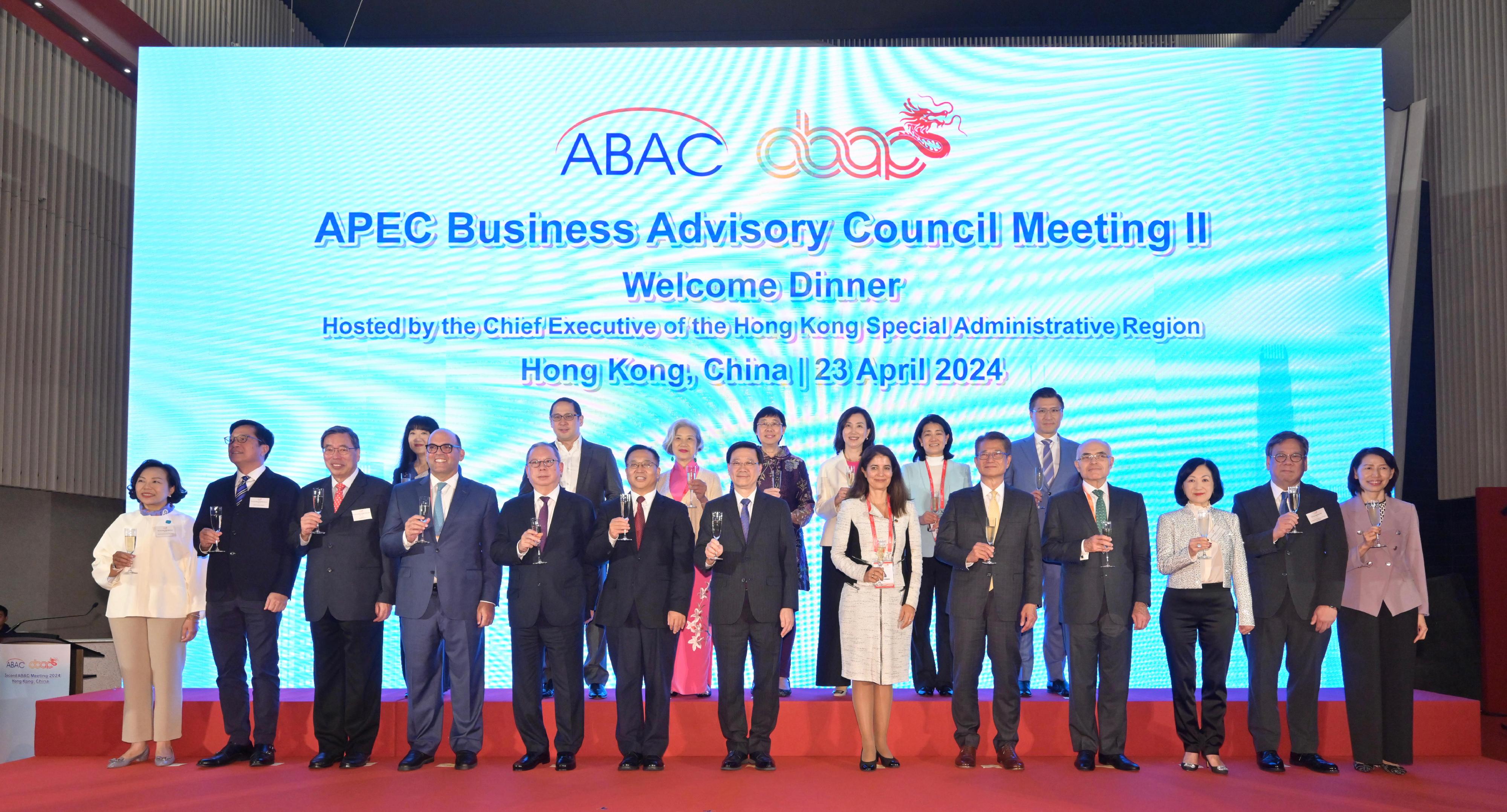 The Chief Executive, Mr John Lee, today (April 23) hosted a welcome dinner for the Asia-Pacific Economic Cooperation (APEC) Business Advisory Council (ABAC) delegates attending the second 2024 ABAC Meeting in Hong Kong. Photo shows (front row, from left) the Secretary for Home and Youth Affairs, Miss Alice Mak; the Deputy Financial Secretary, Mr Michael Wong; the President of the Legislative Council, Mr Andrew Leung; the Chair of APEC CEO Summit 2024, Mr Fernando Zavala; the Chairman of the Hong Kong Trade Development Council, Dr Peter Lam; the Commissioner of the Ministry of Foreign Affairs in the Hong Kong Special Administrative Region, Mr Cui Jianchun; Mr Lee; the Chair of the ABAC 2024, Mrs Julia Torreblanca; the Financial Secretary, Mr Paul Chan; the Chair of the APEC Senior Officials' Meetings 2024, Ambassador Carlos Vasquez; the Convenor of the Non-official Members of the Executive Council, Mrs Regina Ip; the Secretary for Commerce and Economic Development, Mr Algernon Yau; the Director of the Chief Executive's Office, Ms Carol Yip; and other guests proposing a toast.
