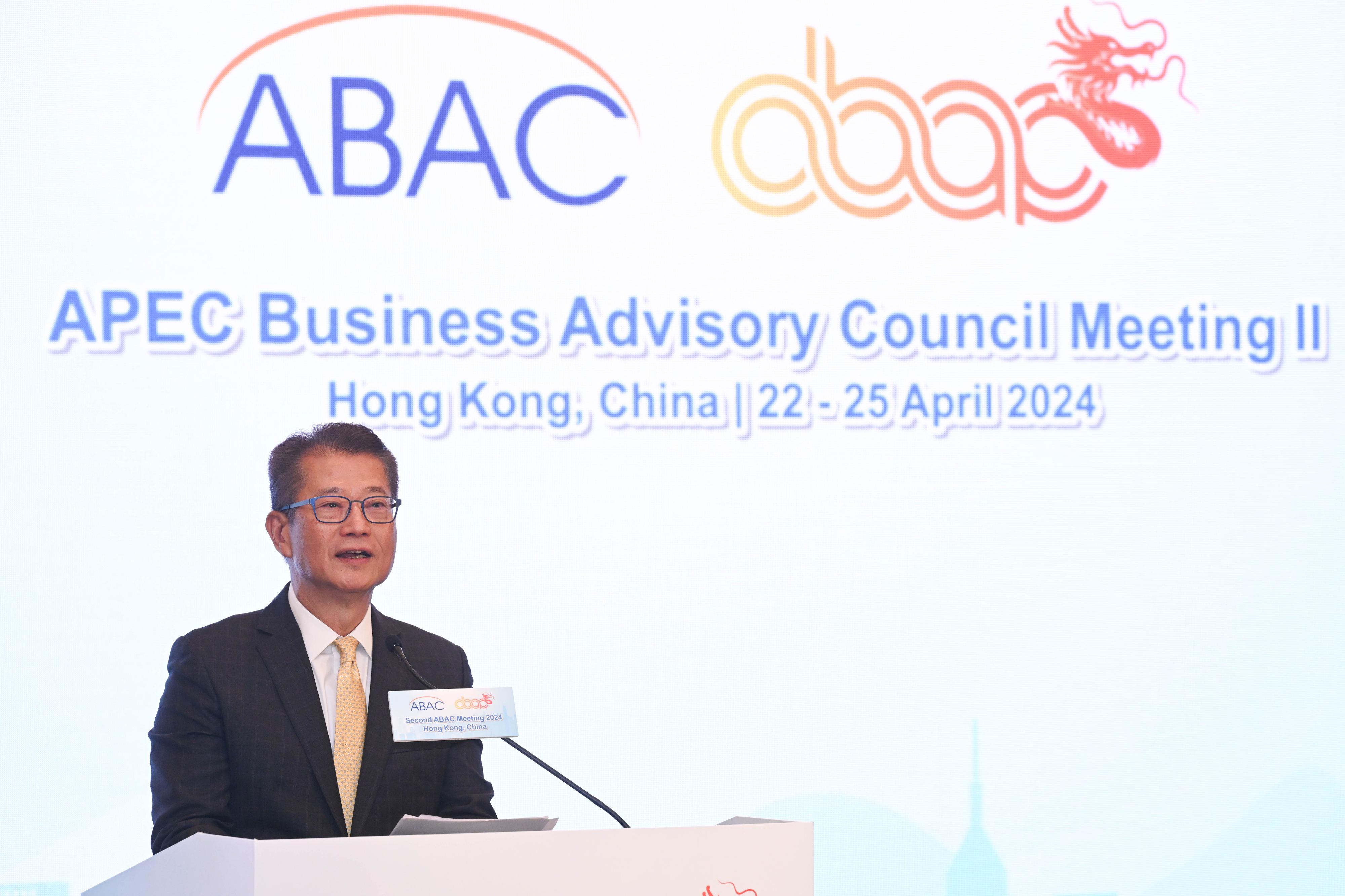 The Financial Secretary, Mr Paul Chan, speaks at the Opening Ceremony of the 2024 Second Asia-Pacific Economic Cooperation Business Advisory Council Meeting today (April 23). 