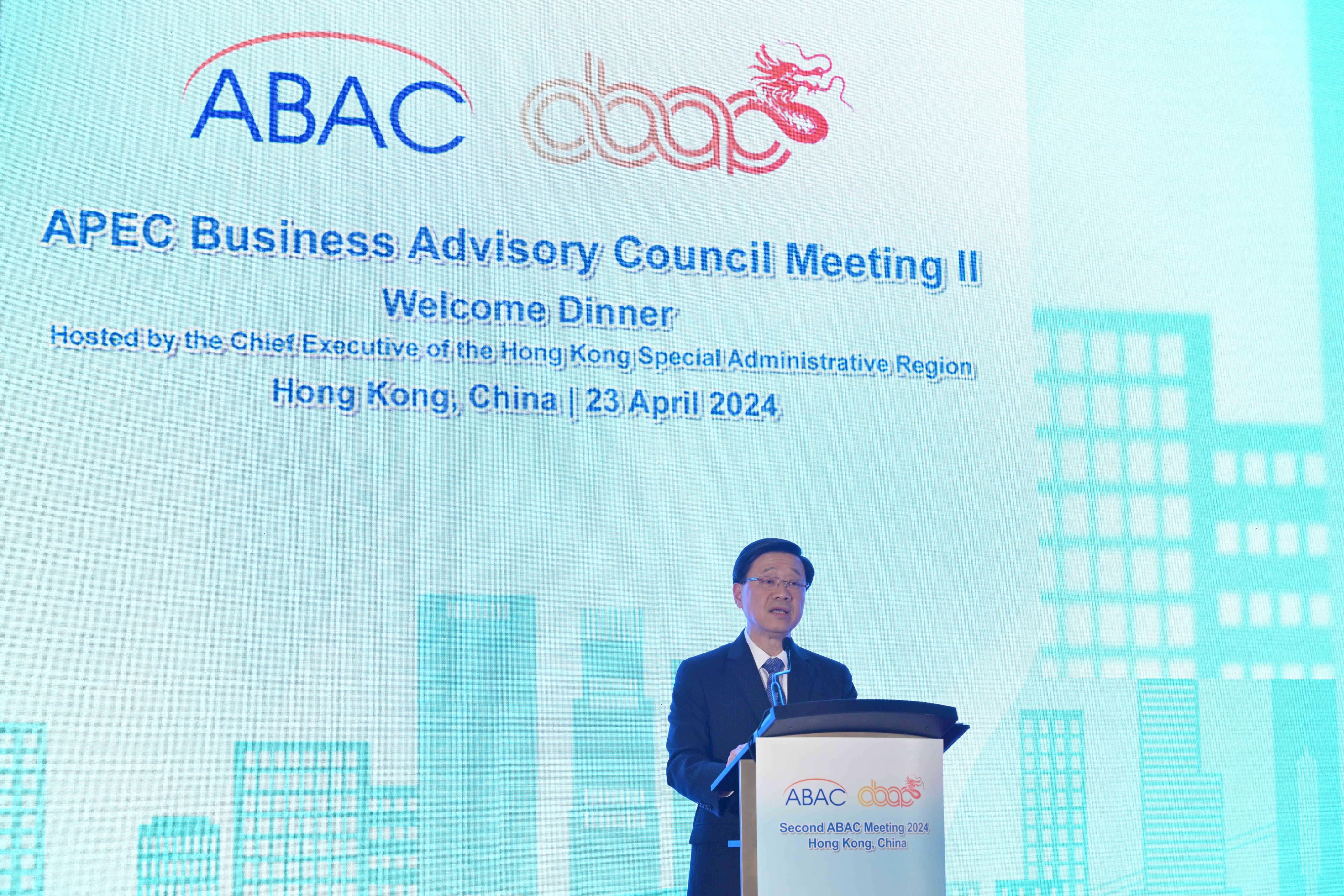 The Chief Executive, Mr John Lee, hosted a welcome dinner for the Asia-Pacific Economic Cooperation Business Advisory Council (ABAC) delegates attending the second 2024 ABAC Meeting in Hong Kong on April 23. Photo shows Mr Lee speaking at the dinner on April 23. 