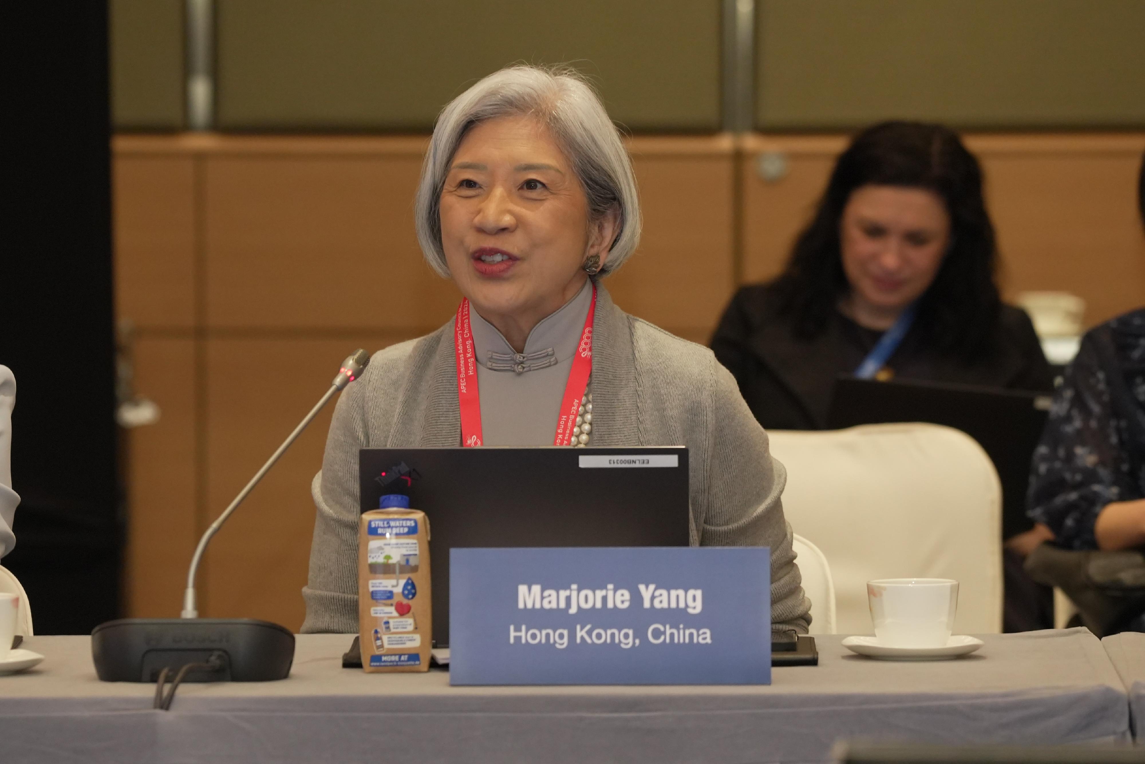 The second 2024 Asia-Pacific Economic Cooperation Business Advisory Council (ABAC) Meeting (the second Meeting) was held from April 22 to 25 in Hong Kong. Photo shows Hong Kong, China's representative to ABAC Ms Marjorie Yang delivering a closing speech at the Closing Plenary of the second Meeting today (April 25). 