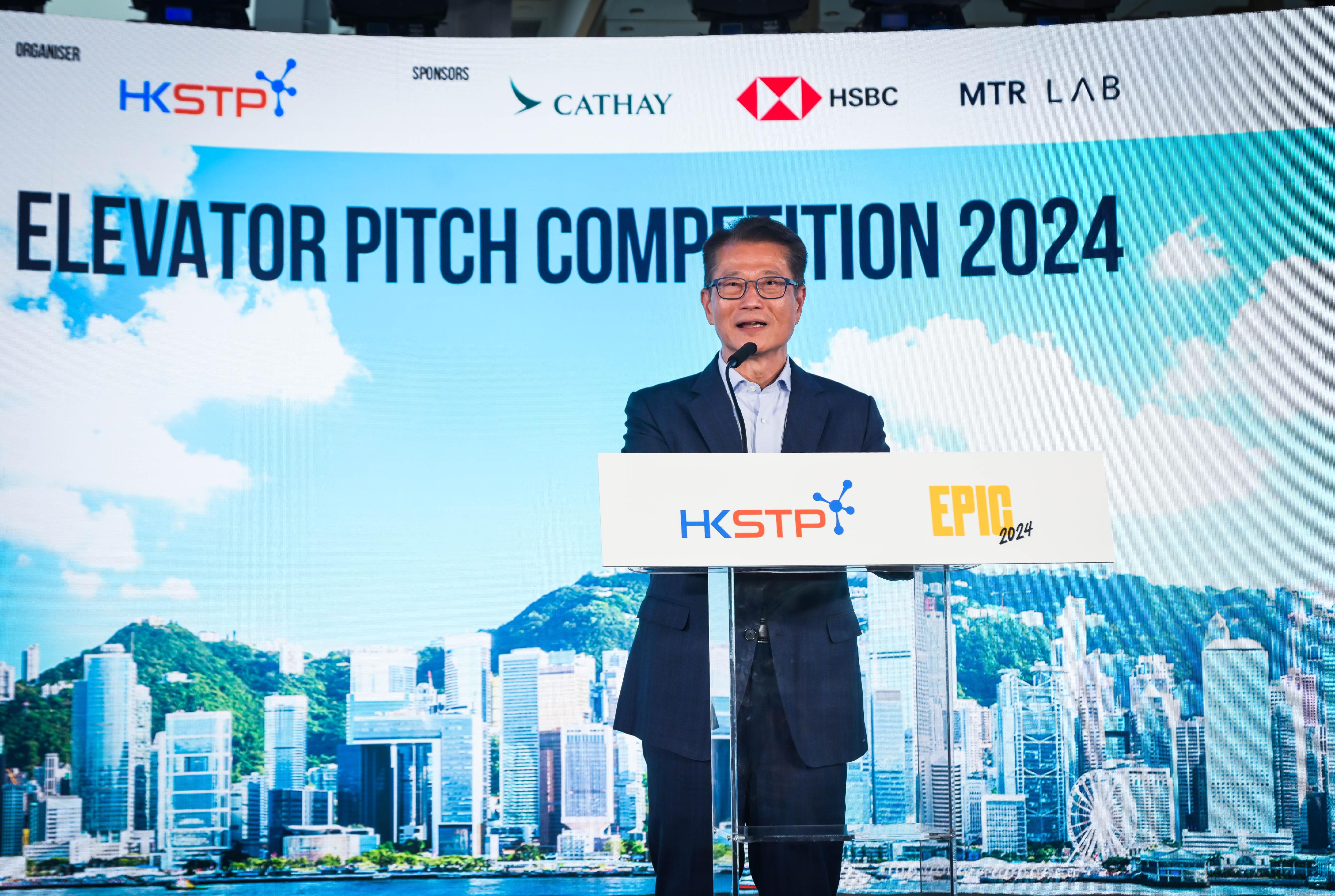 The Financial Secretary, Mr Paul Chan, speaks at the Elevator Pitch Competition 2024 today (April 26).
