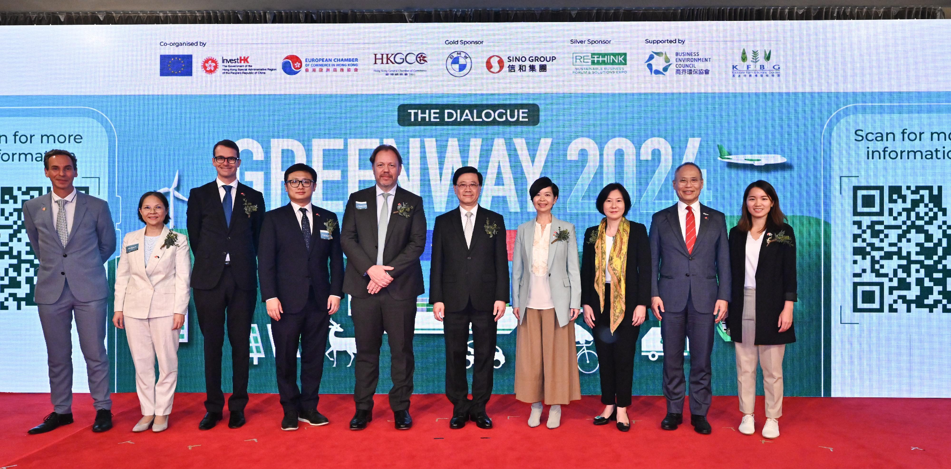 The Chief Executive, Mr John Lee, attended the Greenway 2024 The Dialogue today (April 29). Photo shows (from second left) the Under Secretary for Environment and Ecology, Miss Diane Wong; the Chair of the European Chamber of Commerce in Hong Kong, Mr Iñaki Amate; Legislative Council Member Mr Gary Zhang; the Head of the European Union Office to Hong Kong and Macao, Mr Thomas Gnocchi; Mr Lee; the Secretary for Housing, Ms Winnie Ho; the Director-General of Investment Promotion, Ms Alpha Lau, and other guests at the event.