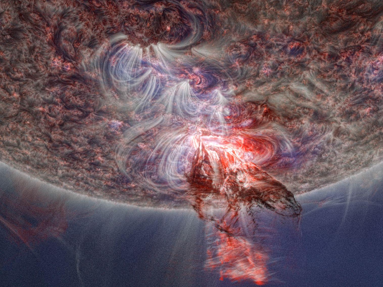 節目中太陽表面的高能量粒子爆炸性噴發的影像。（圖片來源：歐洲南方天文台）