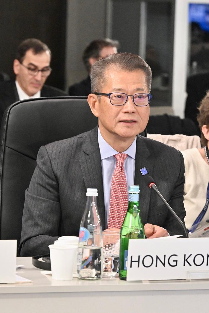 The Financial Secretary, Mr Paul Chan, attended the Business Session of the Asian Development Bank Board of Governors Annual Meeting this morning (May 5, Tbilisi time) in Tbilisi, Georgia. Photo shows Mr Chan speaking in the session.  