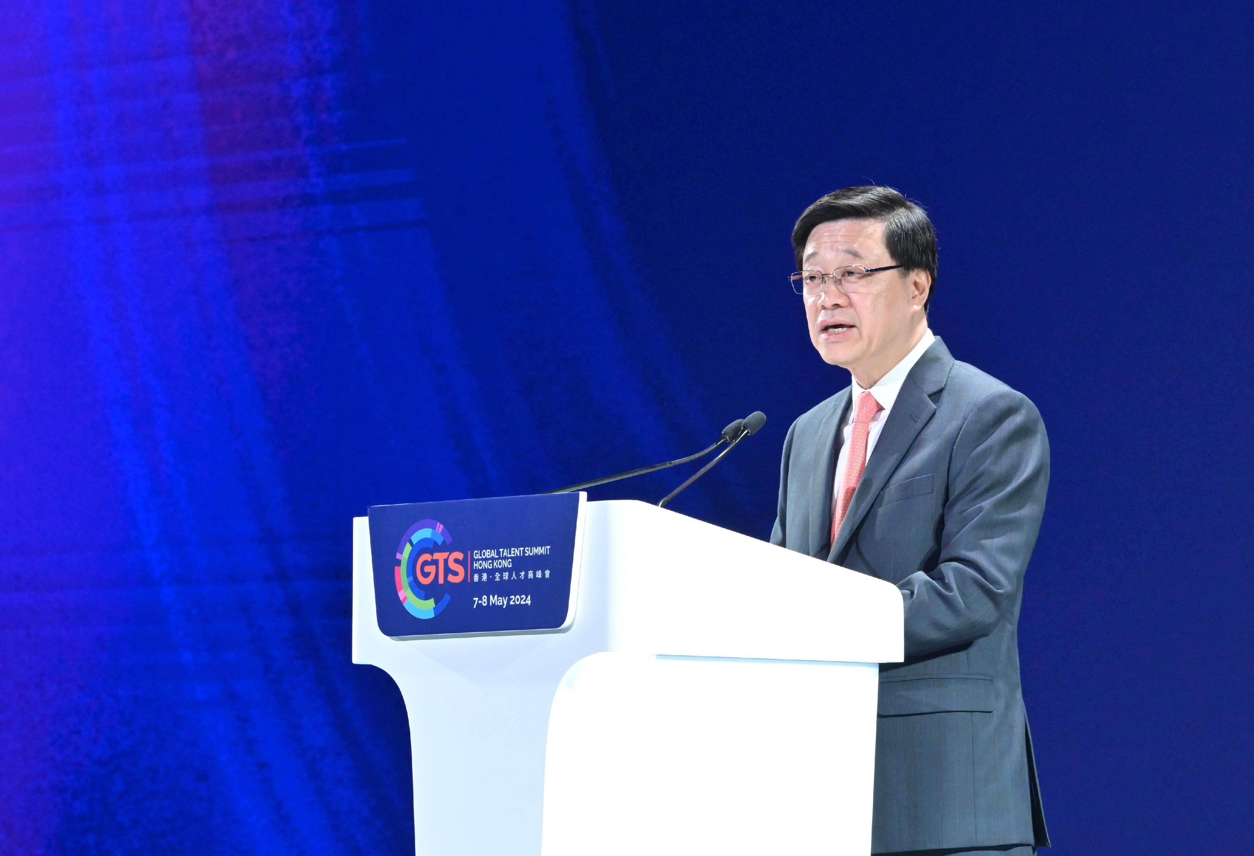 The Chief Executive, Mr John Lee, delivers his welcoming remarks at the Global Talent Summit · Hong Kong today (May 7).
