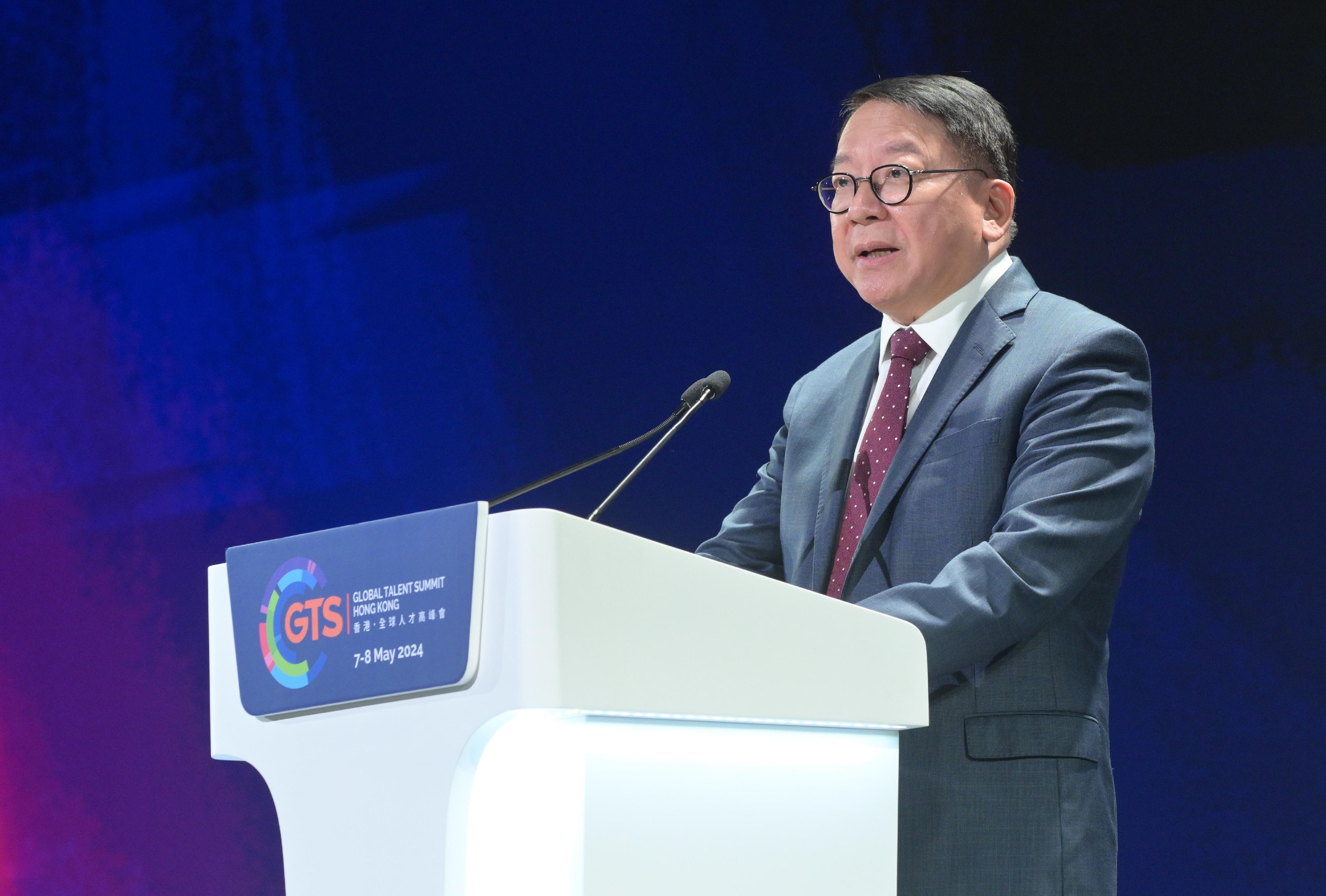 The Chief Secretary for Administration, Mr Chan Kwok-ki, today (May 8) attended the Second Guangdong-Hong Kong-Macao Greater Bay Area High-quality Talent Development Conference. Photo shows Mr Chan delivering his welcome remarks at the Conference.