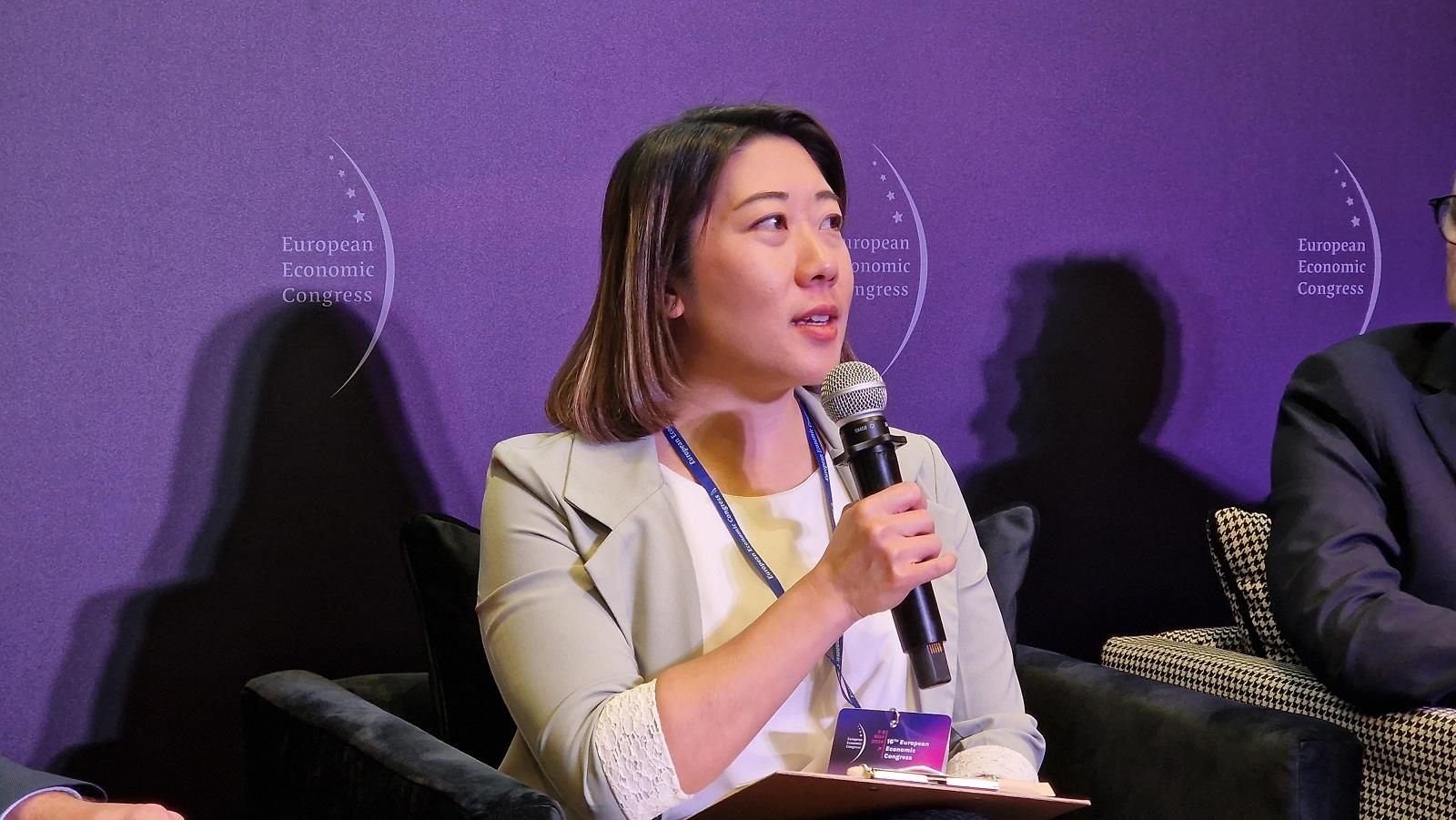 The Director of the Hong Kong Economic and Trade Office, Berlin, Ms Jenny Szeto, speaks at a panel during the 16th European Economic Congress on May 8 (Katowice time).
