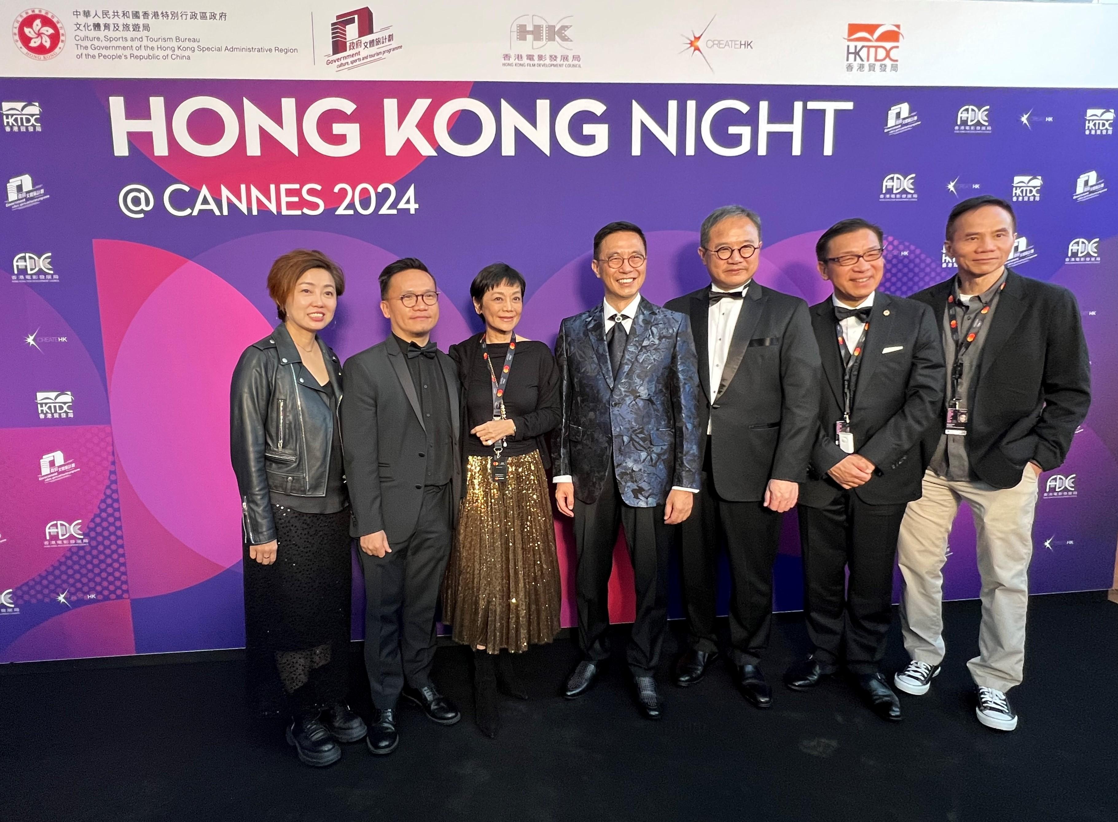 The Secretary for Culture, Sports and Tourism, Mr Kevin Yeung (centre), led a Hong Kong film industry delegation to the 77th Cannes Film Festival in France and attended the Hong Kong Night reception on May 16 (Cannes time). The Permanent Secretary for Culture, Sports and Tourism, Mr Joe Wong (third right), and Assistant Head of Create Hong Kong Mr Gary Mak (second left), were also present.