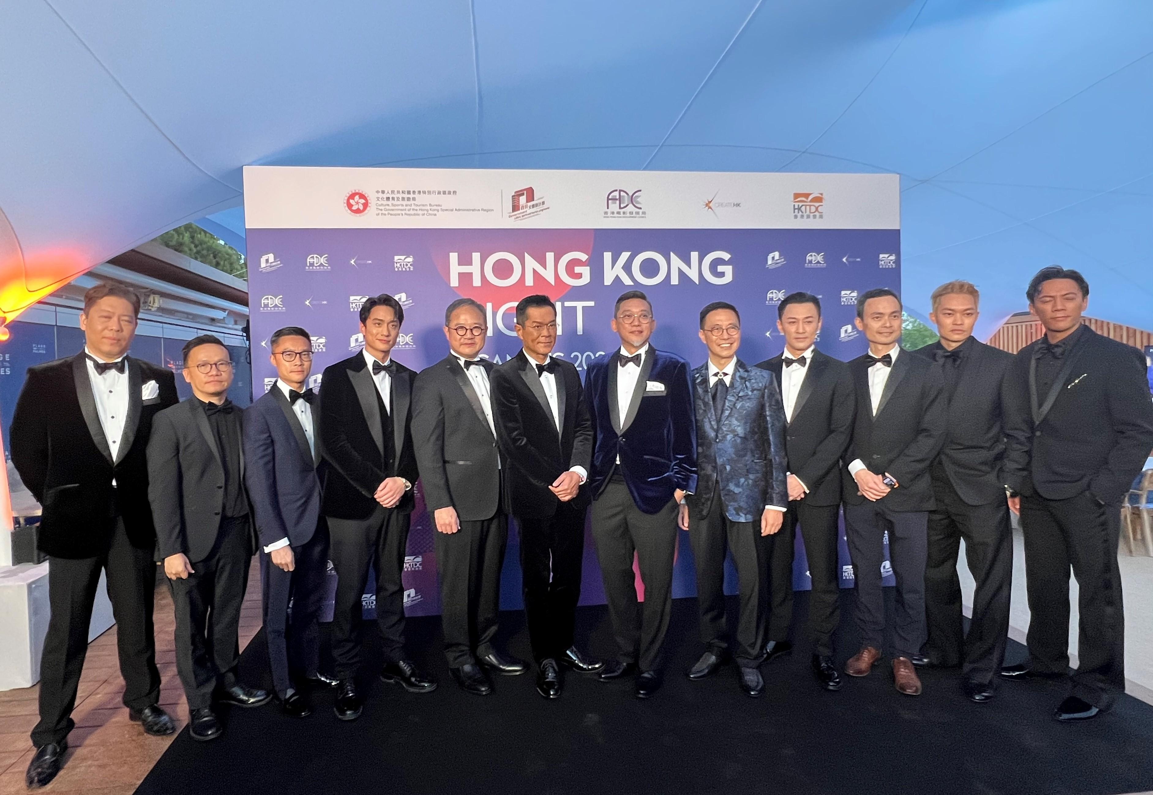 The Secretary for Culture, Sports and Tourism, Mr Kevin Yeung, led a Hong Kong film industry delegation to the 77th Cannes Film Festival in France and attended the Hong Kong Night reception on May 16 (Cannes time). Photo shows Mr Yeung (fifth right); the Permanent Secretary for Culture, Sports and Tourism, Mr Joe Wong (fifth left); Assistant Head of Create Hong Kong Mr Gary Mak (second left), and the crew of the Hong Kong film "Twilight of the Warriors: Walled In".