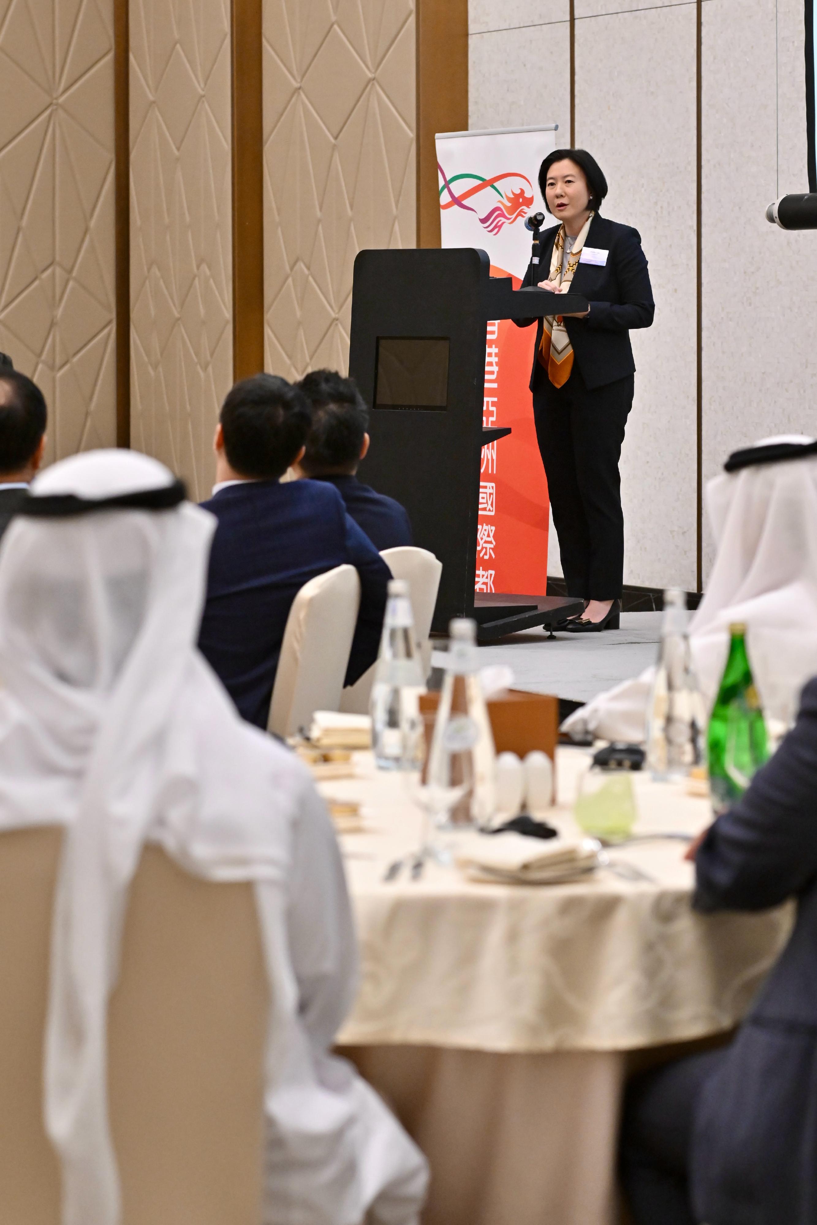 The Secretary for Justice, Mr Paul Lam, SC, arrived in Riyadh, Saudi Arabia, today (May 19, Riyadh time) with his about 30-person delegation, comprising representatives from the Law Society of Hong Kong, the Hong Kong Bar Association, the Hong Kong Exchanges and Clearing Limited, Invest Hong Kong and related sectors, and began a two-day visit to the city. Photo shows the Director-General of Investment Promotion, Ms Alpha Lau, delivering her speech at a lunch and networking reception titled "Hong Kong – The Common Law Gateway for Saudi Arabia Businesses to China and Beyond", co-organised by the Department of Justice, the Hong Kong Economic and Trade Office in Dubai, the Hong Kong Trade Development Council and the Saudi Chinese Business Council, and supported by Invest Hong Kong.
 