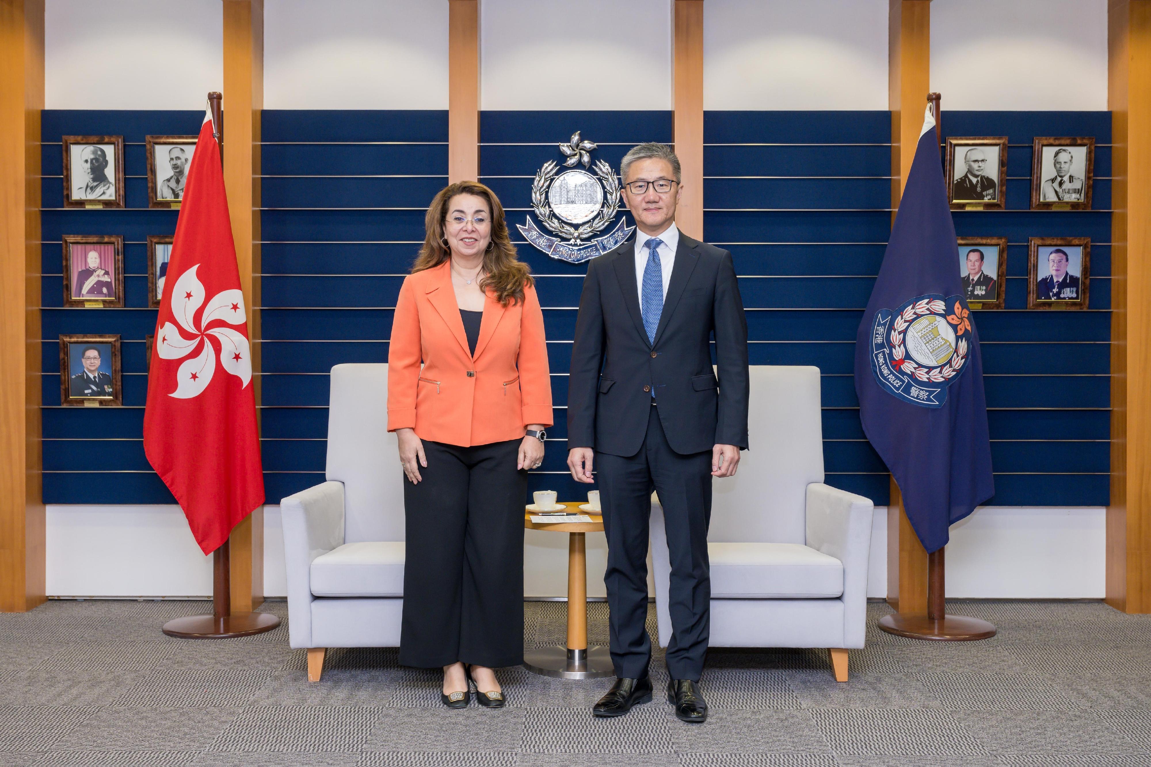 The Acting Secretary for Security, Mr Michael Cheuk; the Commissioner of Police, Mr Siu Chak-yee; and the Commissioner of Customs and Excise, Ms Louise Ho, today (May 23) met with the Executive Director of the United Nations Office on Drugs and Crime and Director-General of the United Nations Office at Vienna, Ms Ghada Fathi Waly, and her delegation to exchange views on anti-crime and anti-drug strategies and efforts. Photo shows Ms Waly (left) paying a courtesy call on Mr Siu (right).