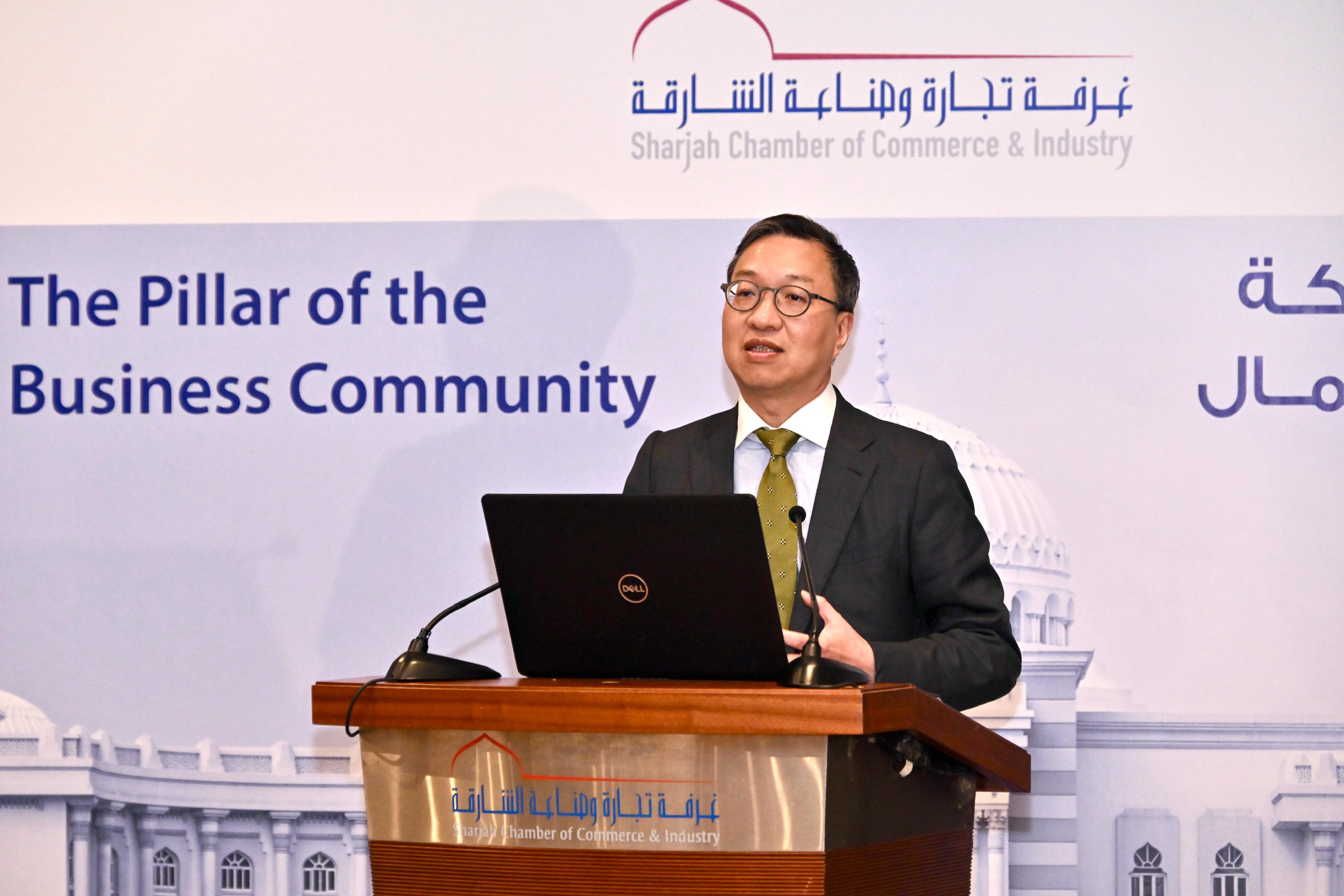 The Secretary for Justice, Mr Paul Lam, SC, concluded his visit to the Middle East in Dubai, the United Arab Emirates, today (May 23, Dubai time). Photo shows Mr Lam speaking at a meeting with the Sharjah Chamber of Commerce and Industry.
