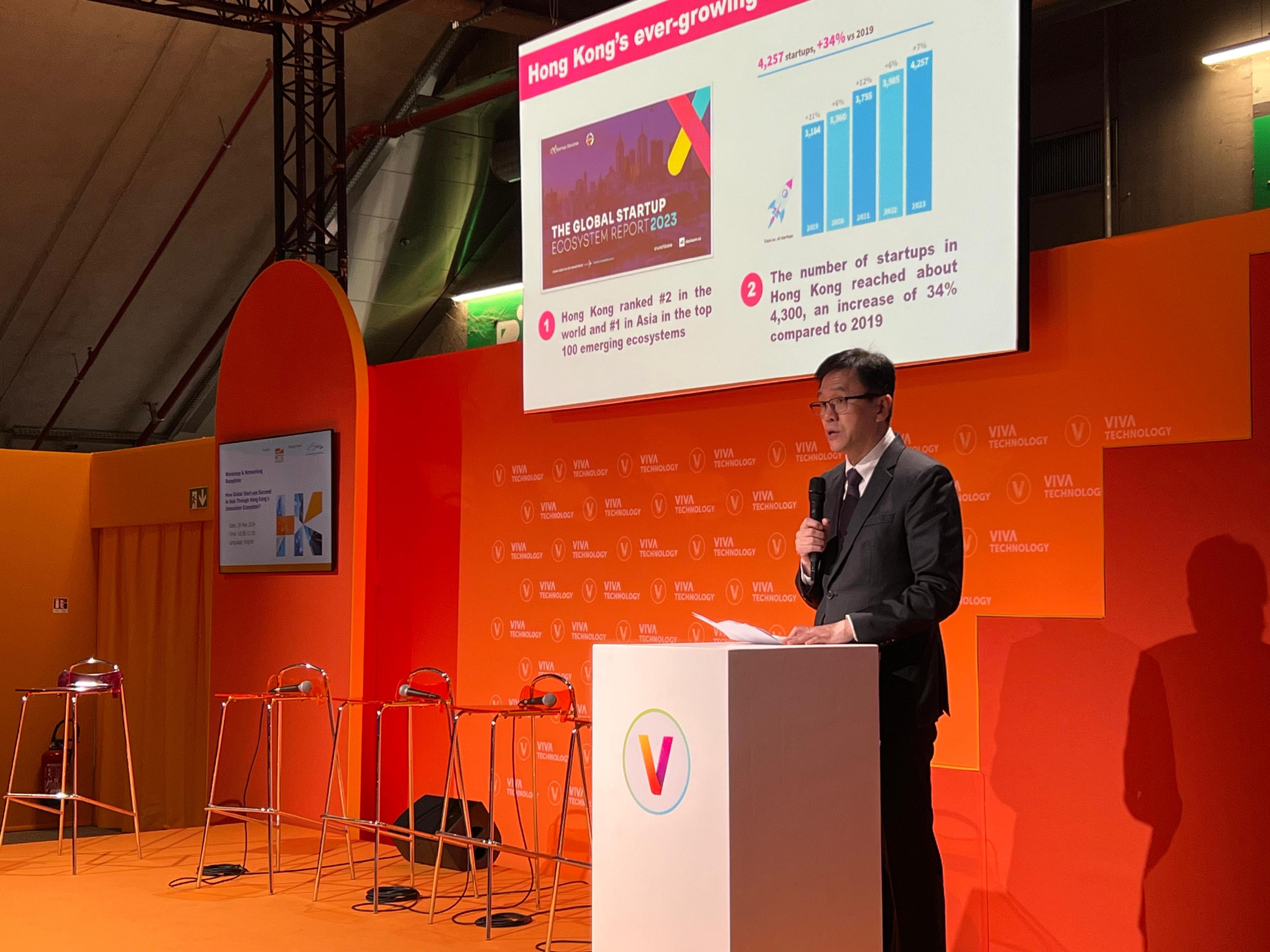 The Secretary for Innovation, Technology and Industry, Professor Sun Dong, attended VivaTech 2024 and delivered a keynote speech at a seminar organised by the Hong Kong Trade Development Council in Paris, France, today (May 24, Paris time), giving the attendees an update on Hong Kong's evolving start-up scene.