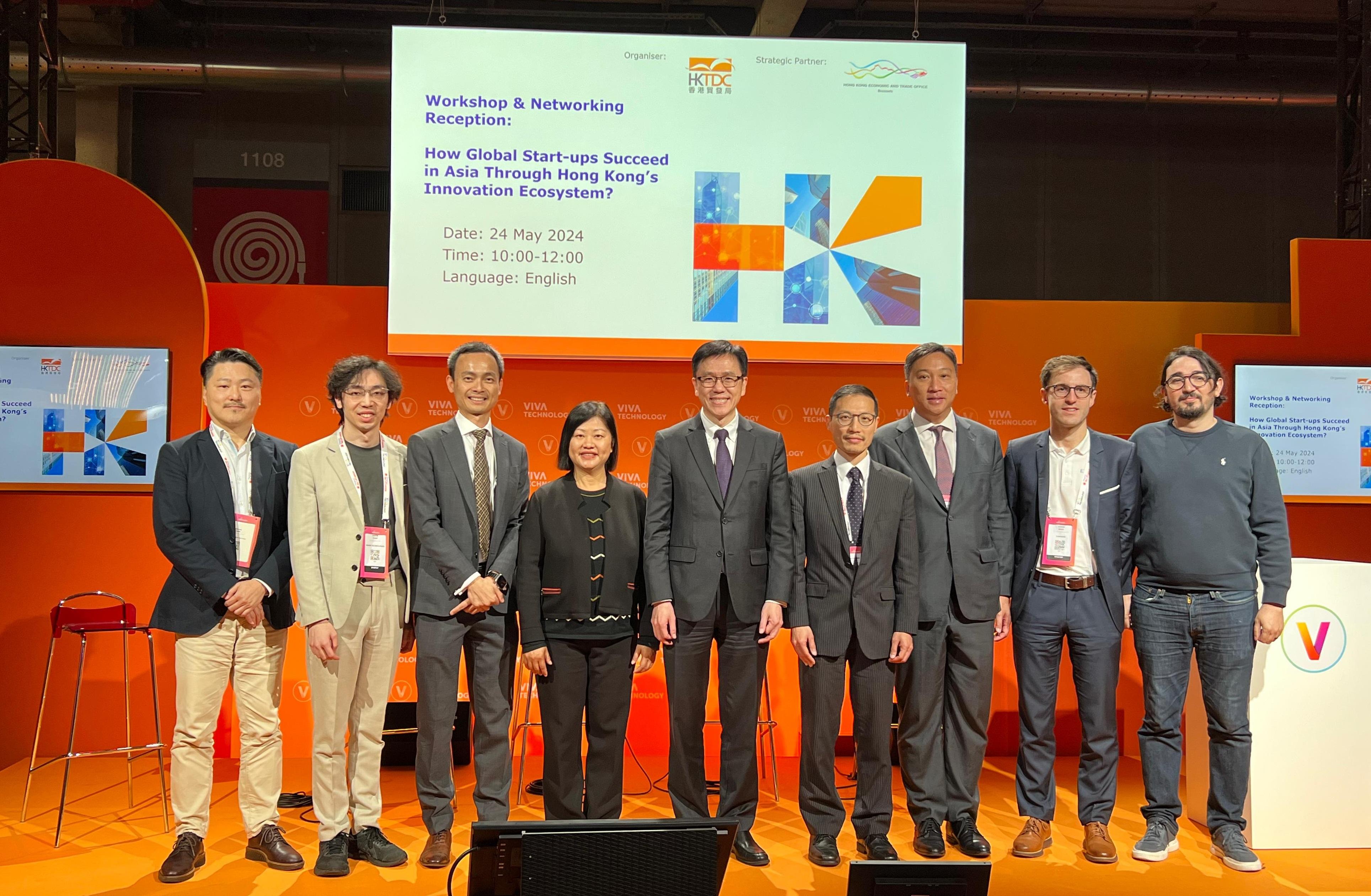 The Secretary for Innovation, Technology and Industry, Professor Sun Dong, attended VivaTech 2024 and delivered a keynote speech at a seminar organised by the Hong Kong Trade Development Council in Paris, France, today (May 24, Paris time). Photo shows Professor Sun (centre) and other speakers.