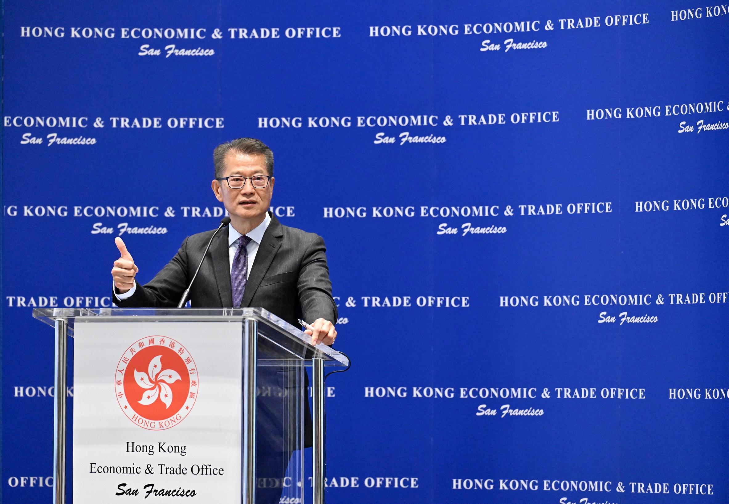 The Financial Secretary, Mr Paul Chan, began his visit to the United States (US) on May 28 (San Francisco time). Photo shows Mr Chan speaking at a business luncheon jointly organised by the Hong Kong Economic and Trade Office in San Francisco and the Bay Area Council, a business organisation in San Francisco, the US.
