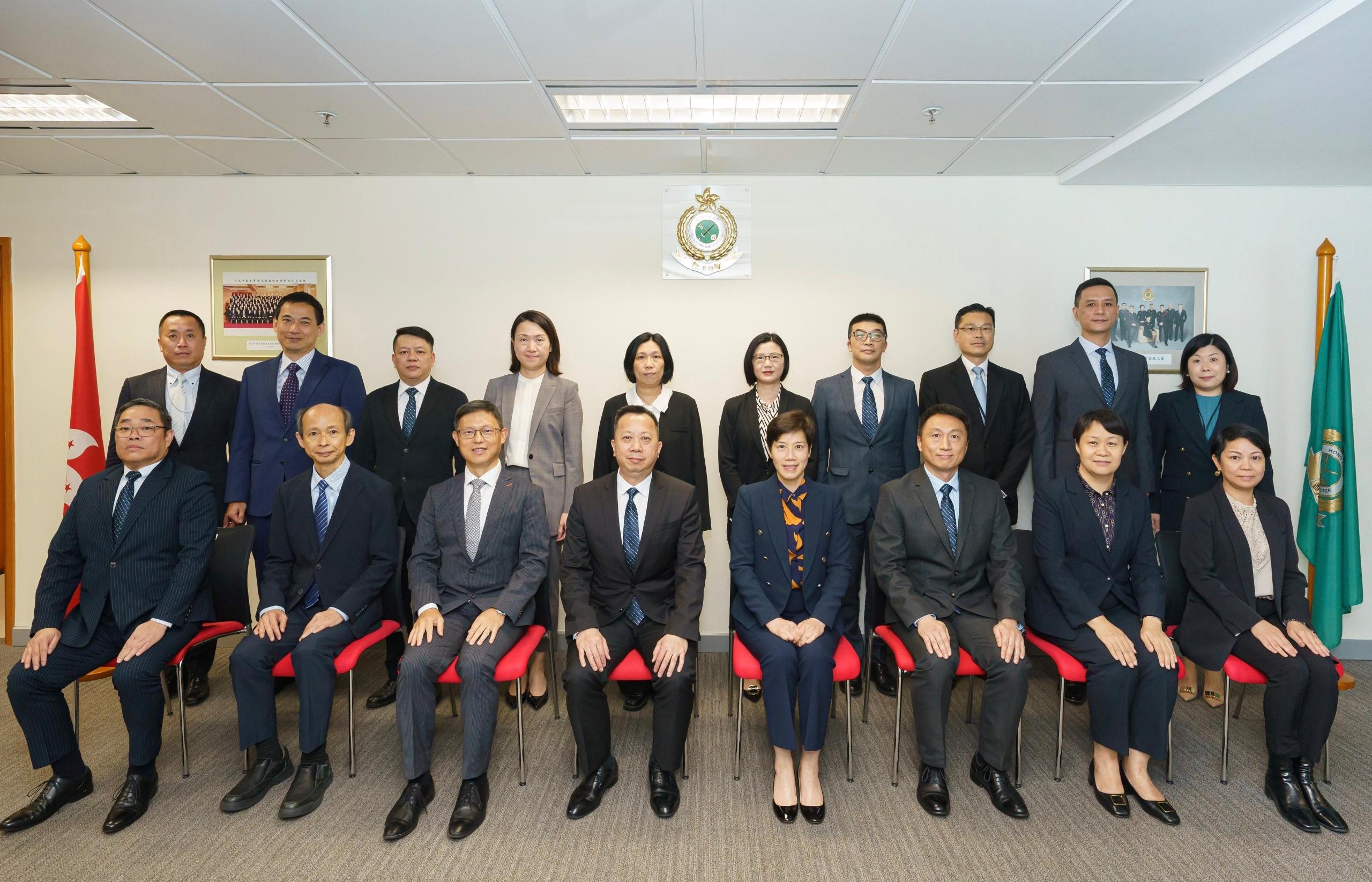 The Commissioner of Customs and Excise, Ms Louise Ho, and the Director-General of the Macao Customs Service, Mr Vong Man-chong, officiate at the 38th Annual Meeting between Hong Kong Customs and Macao Customs Service/Macao Economic and Technological Development Bureau held in Hong Kong today (May 31). Photo shows Ms Ho (front row, fourth right); Mr Vong (front row, fourth left); the Assistant Commissioner (Excise and Strategic Support) of Customs and Excise, Mr Rudy Hui (front row, third left); the Acting Assistant Director-General of Macao Customs Service, Mr Ip Va-chio (front row, third right); the Director of Customs Liaison Division, Police Liaison Department, Liaison Office of the Central People's Government in the Hong Kong Special Administrative Region, Ms Zhuang Yan (front row, second right); and delegation members of both sides.