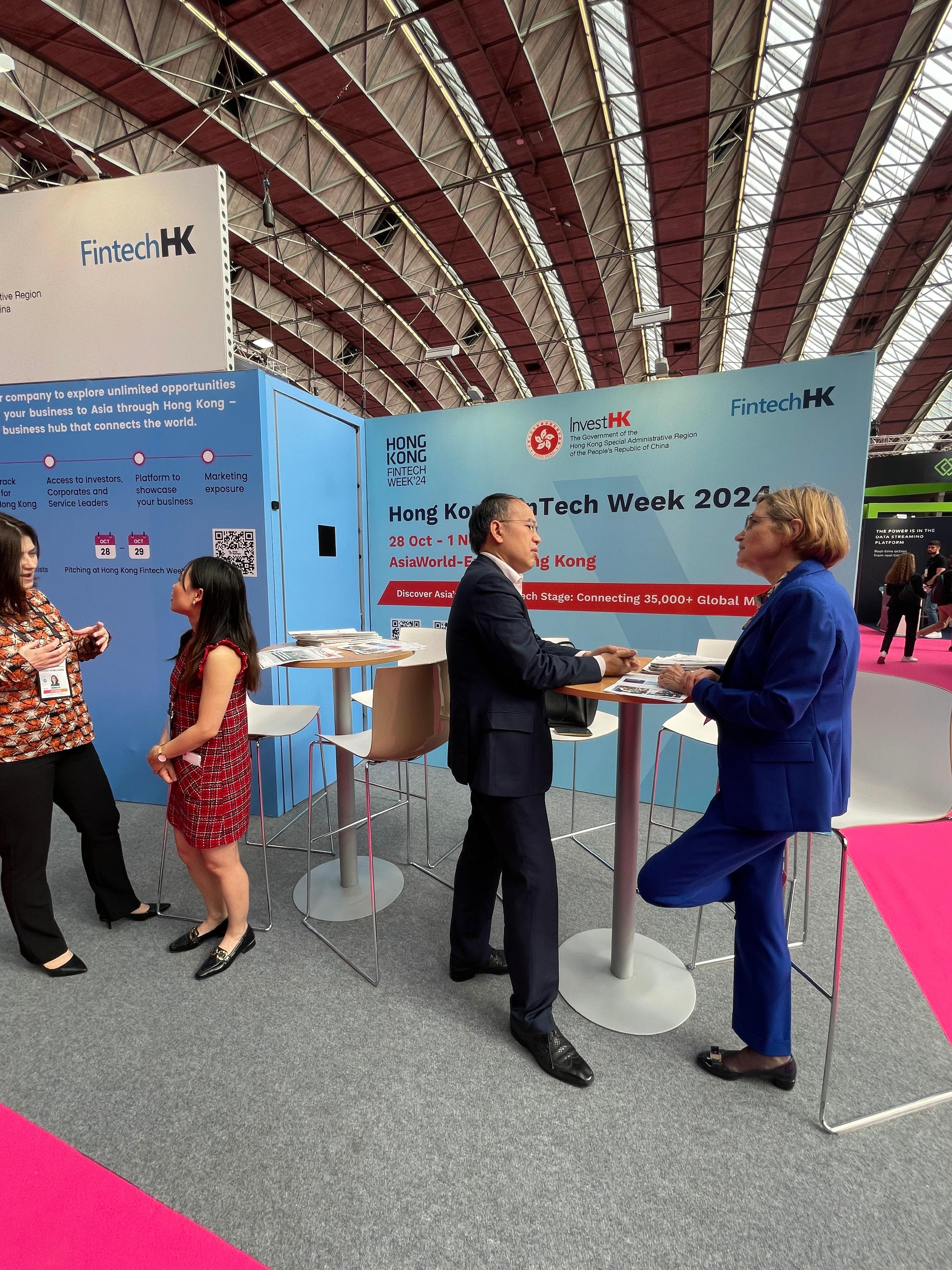 The Secretary for Financial Services and the Treasury, Mr Christopher Hui, is promoting Hong Kong's Web3 ecosystem and meeting senior financial officials in the Netherlands. Photo shows Mr Hui (second right) touring the Invest Hong Kong booth at the Money 20/20 Europe in Amsterdam on June 4 (Amsterdam time).
