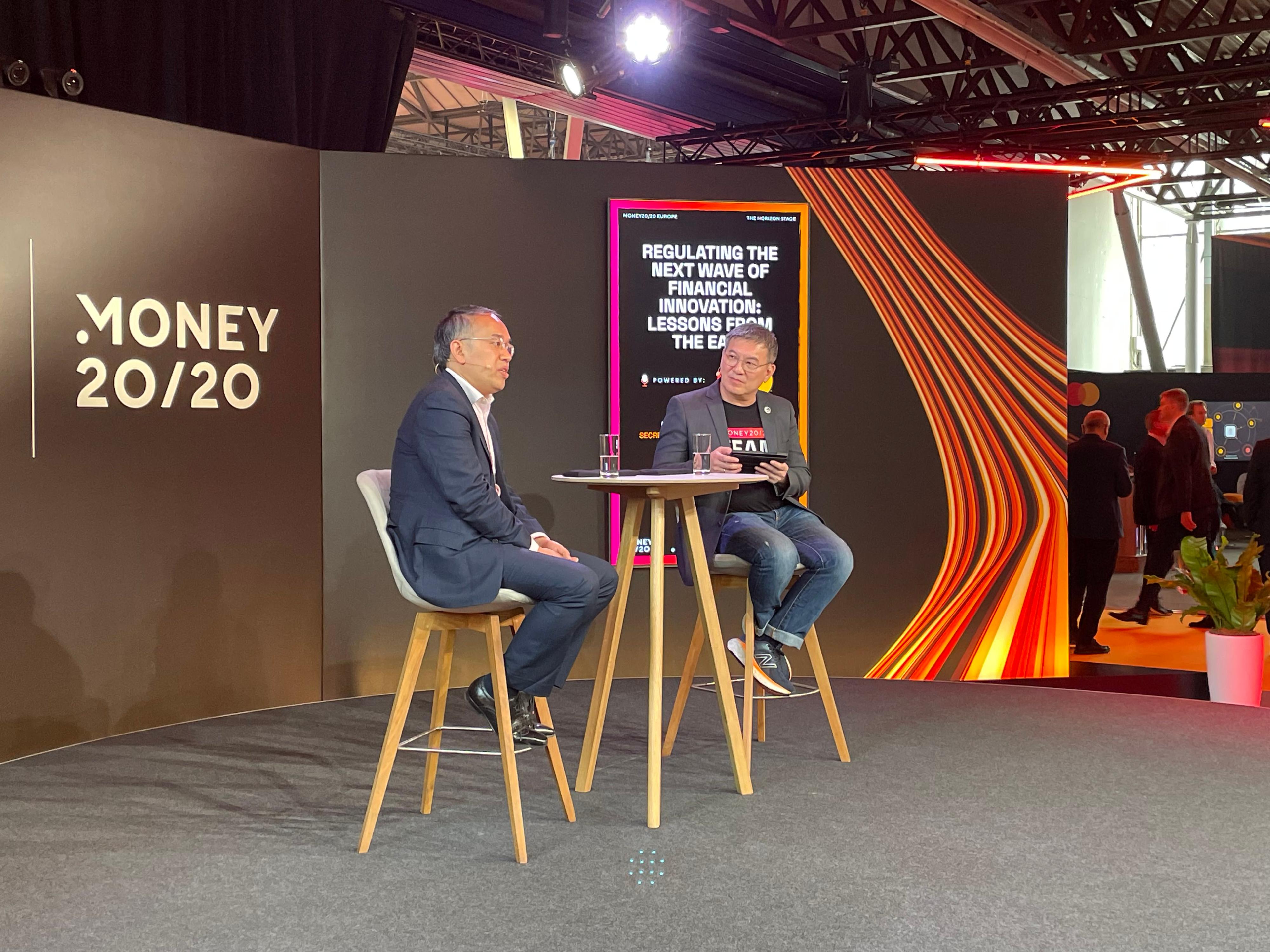 The Secretary for Financial Services and the Treasury, Mr Christopher Hui, is promoting Hong Kong's Web3 ecosystem and meeting senior financial officials in the Netherlands. Photo shows Mr Hui (left) participating in the fireside chat of the Money 20/20 Europe in Amsterdam on June 4 (Amsterdam time).