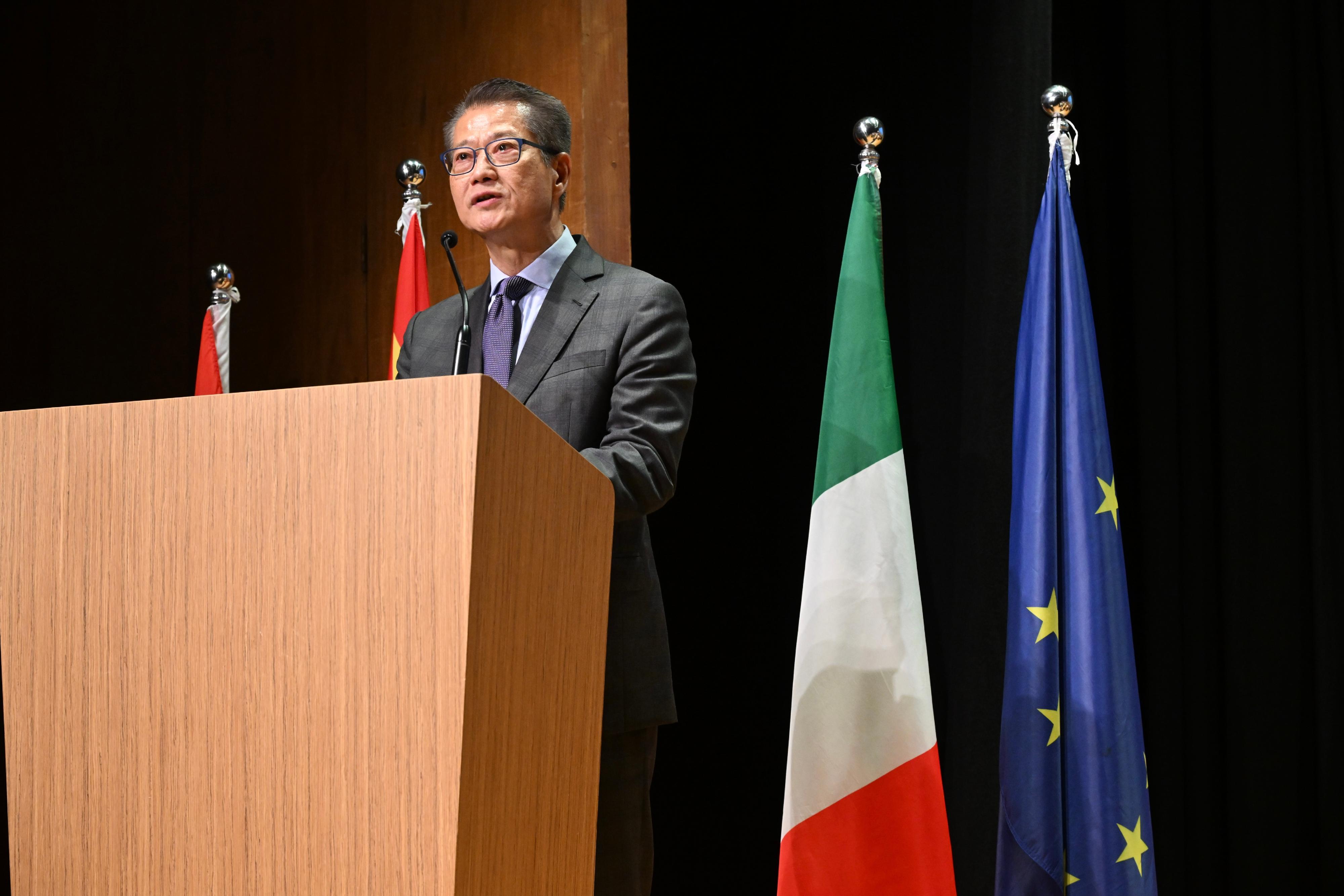 The Financial Secretary, Mr Paul Chan, speaks at the Italian National Day Celebration today (June 5).