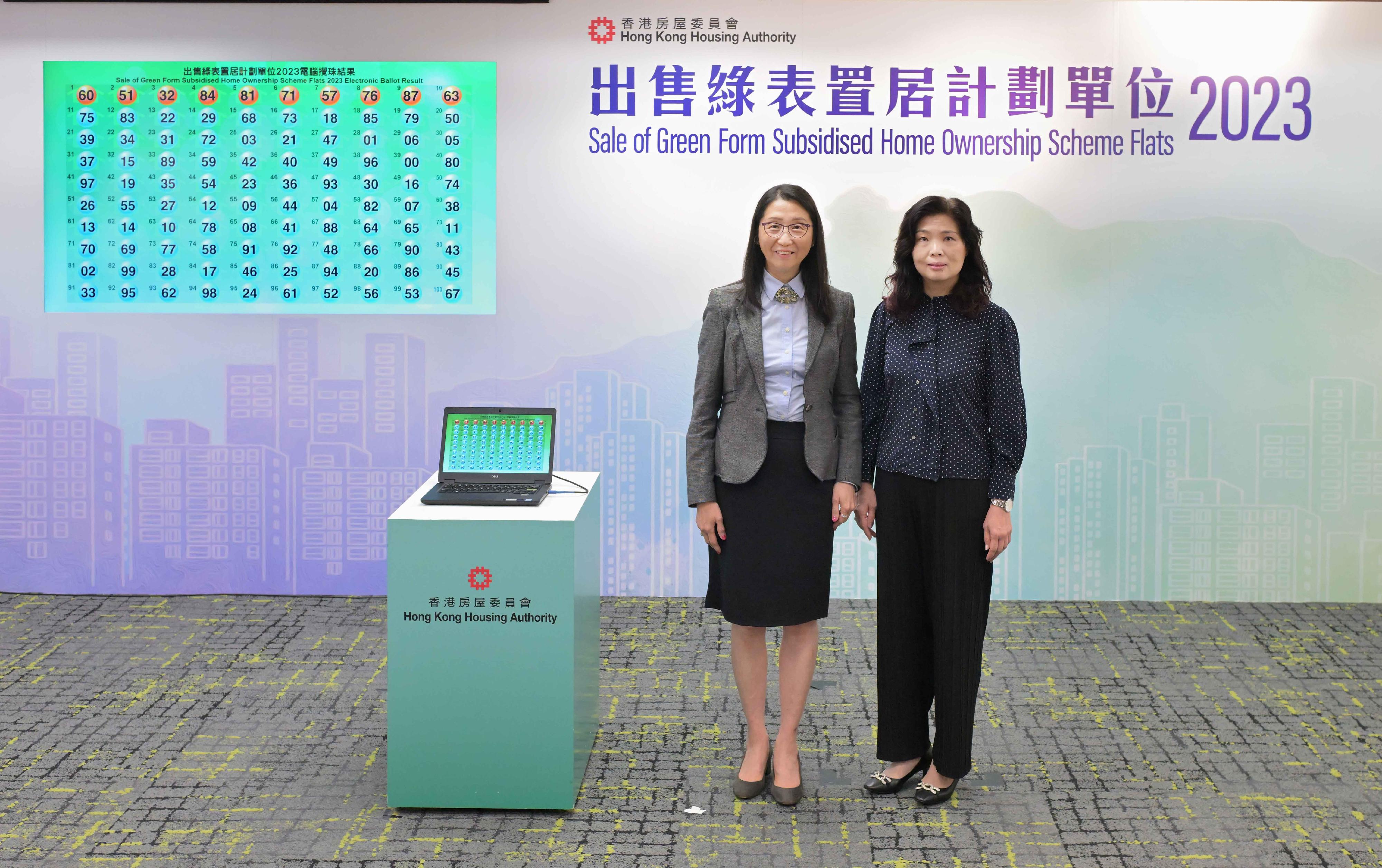 The Chairman of the Subsidised Housing Committee of the Hong Kong Housing Authority, Ms Cleresa Wong (left), accompanied by the Assistant Director of Housing (Housing Subsidies), Ms Carol Kong, officiated at the electronic ballot drawing ceremony today (June 6) for the Sale of Green Form Subsidised Home Ownership Scheme Flats 2023. The ballot drawing was to determine the priority sequence based on the last two digits of the application numbers.