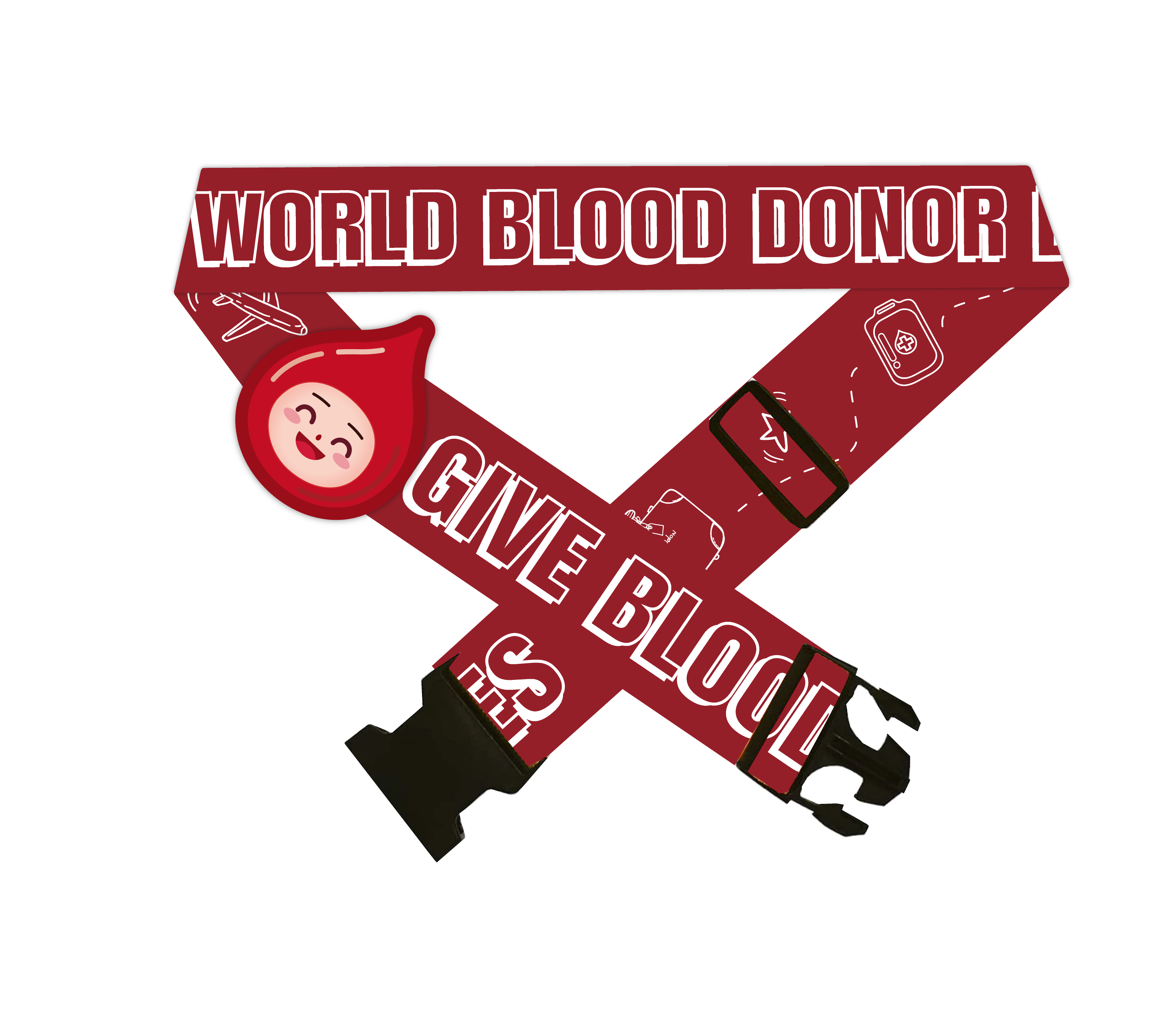 为庆祝世界捐血者日，由六月十四日至二十一日，成功捐血人士将获赠「捐血队长行李带」一条，数量有限，送完即止。图示「捐血队长行李带」。