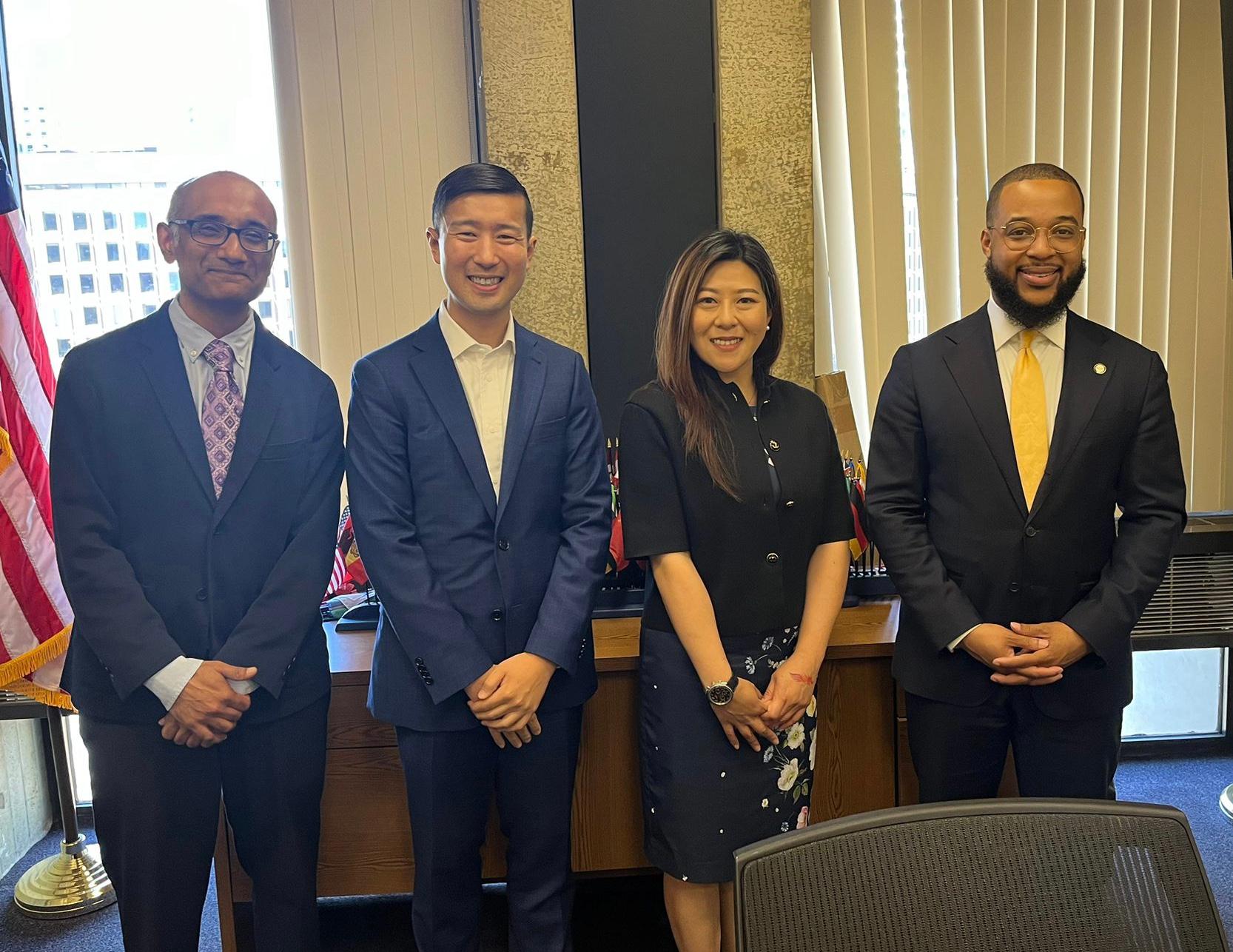 The Director of Hong Kong Economic and Trade Office, New York (HKETONY), Ms Maisie Ho, reinforced the bilateral ties between Hong Kong and Boston during her duty visit to Boston, Massachusetts of the United States. Photo shows Ms Ho (second right) with officials from the Mayor's Office of Boston during a meeting on June 10 (Boston time): Senior Advisor for Partnerships, Mr Stephen Chan (second left) and the Chief of Economic Opportunity and Inclusion, Mr Segun Idowu (first right). Also attending the meeting is the Head of Business and Talent Attraction / Investment Promotion of the HKETONY, Mr Ranjit Unnithan (first left).