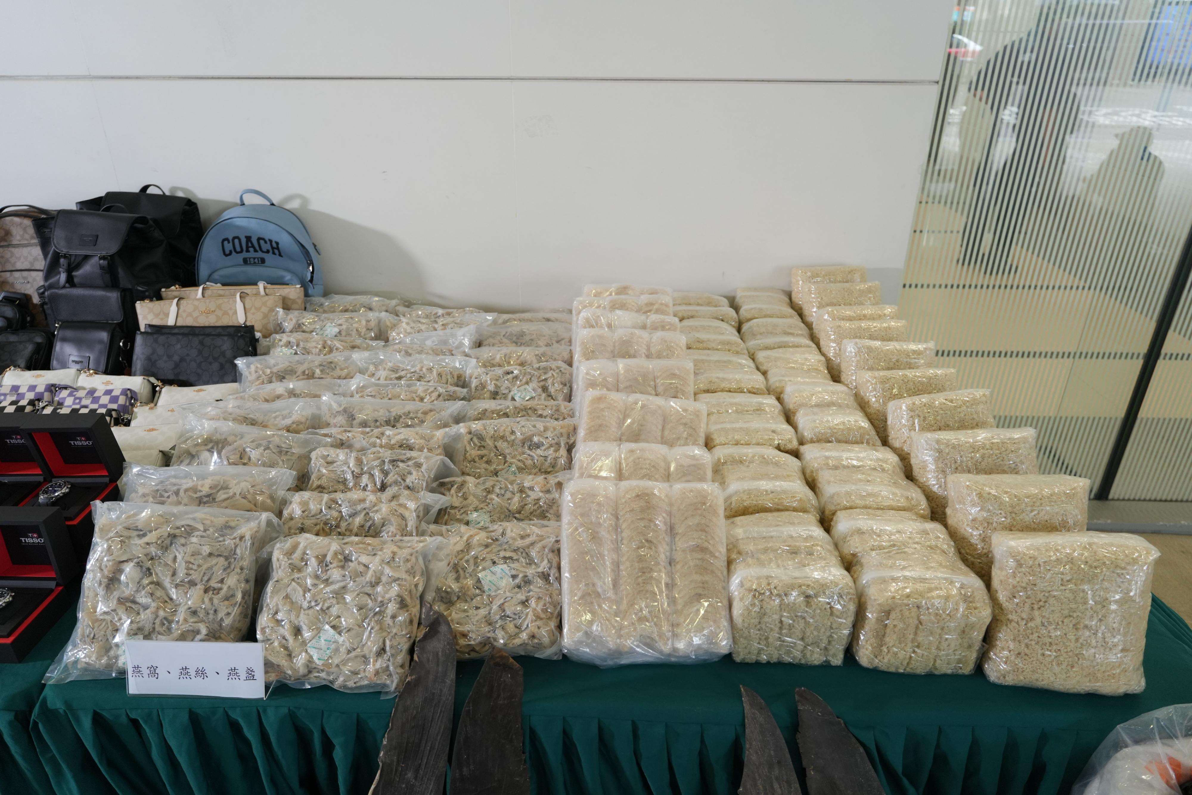 Hong Kong Customs on June 6 detected a suspected smuggling case involving a river trade vessel. A large batch of suspected smuggled goods, with a total estimated market value of about $10 million, was seized. Photo shows some of the suspected smuggled bird nests seized.