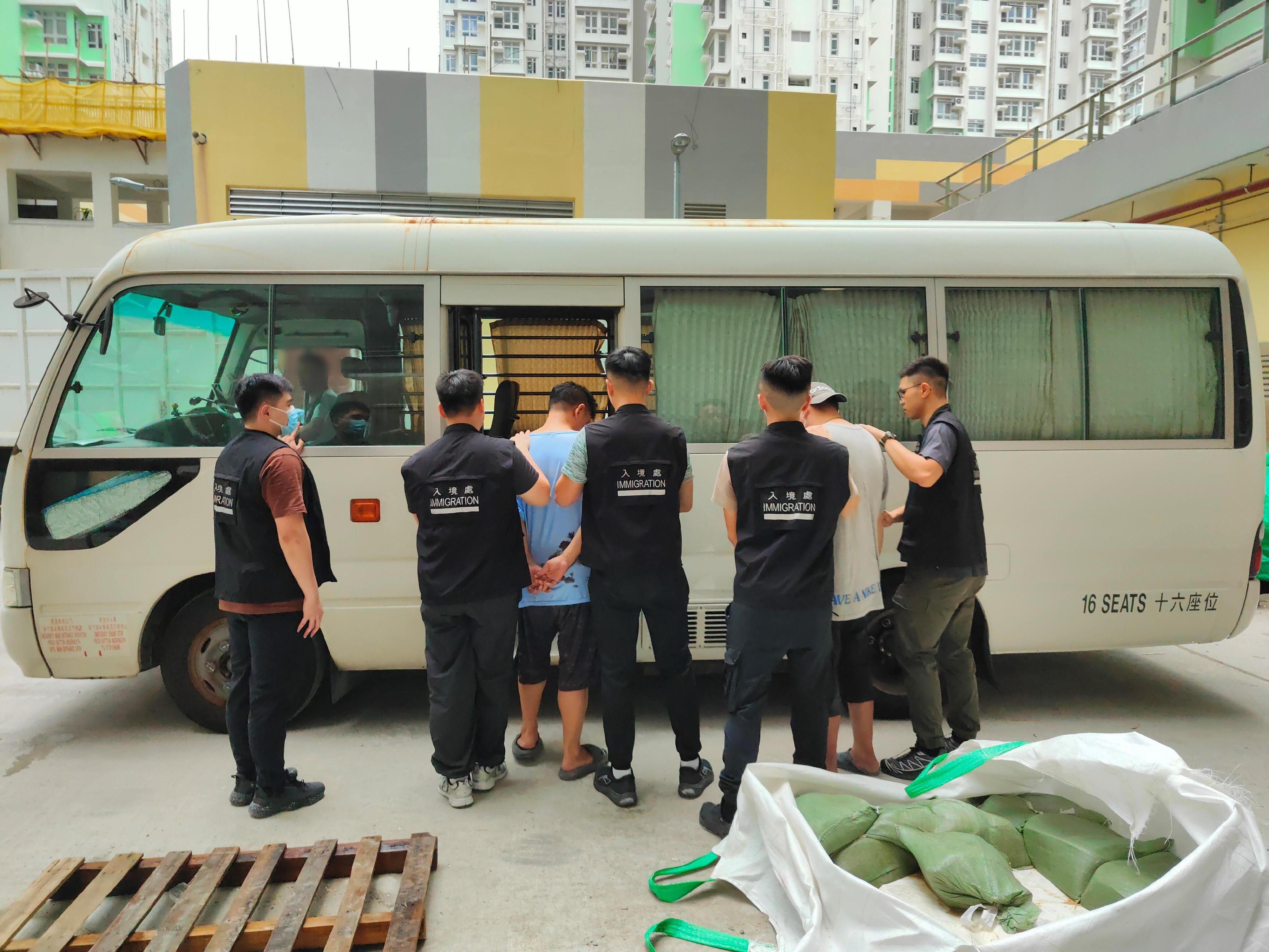 The Immigration Department mounted a series of territory-wide anti-illegal worker operations codenamed "Contribute" and "Twilight", and joint operations with the Hong Kong Police Force codenamed "Champion" and "Windsand", for three consecutive days from June 11 to yesterday (June 13). Photo shows suspected illegal workers arrested during an operation.