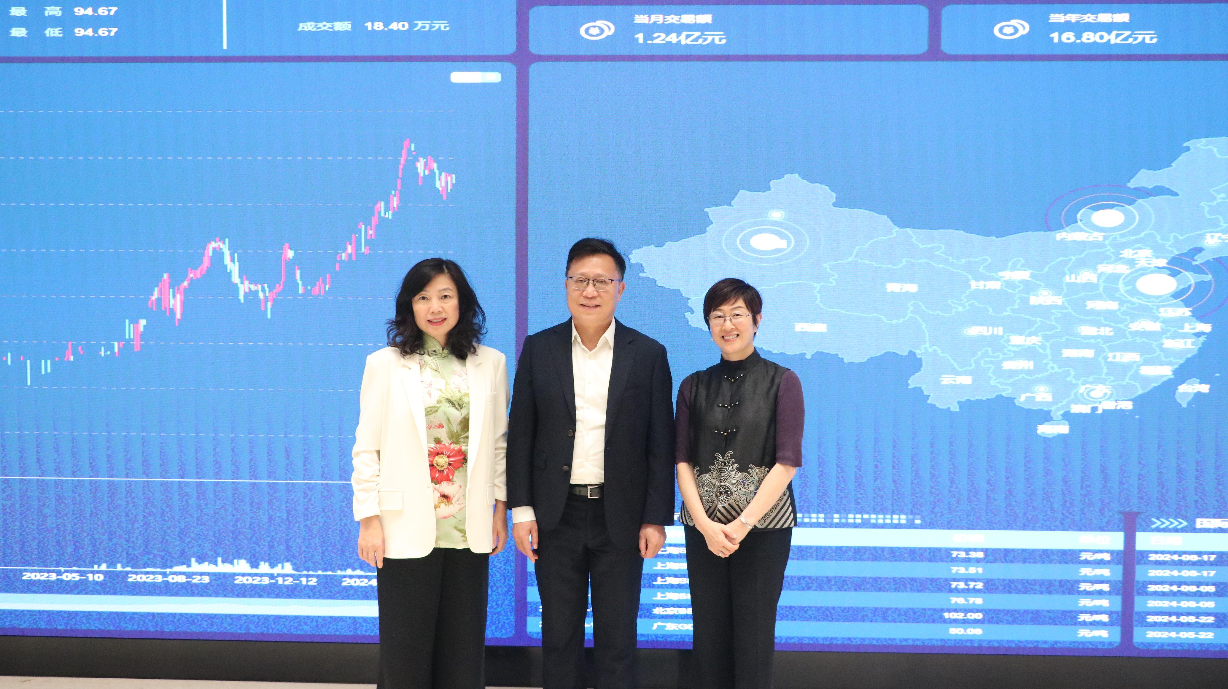 The Permanent Secretary for Financial Services and the Treasury (Financial Services), Ms Salina Yan, visited the Shanghai Environment and Energy Exchange in Shanghai yesterday (June 18). Ms Yan (left) is pictured with the Exchange's Chairman, Mr Lai Xiaoming (centre). Also present is the Director of the Hong Kong Economic and Trade Office in Shanghai, Mrs Laura Aron (right). 