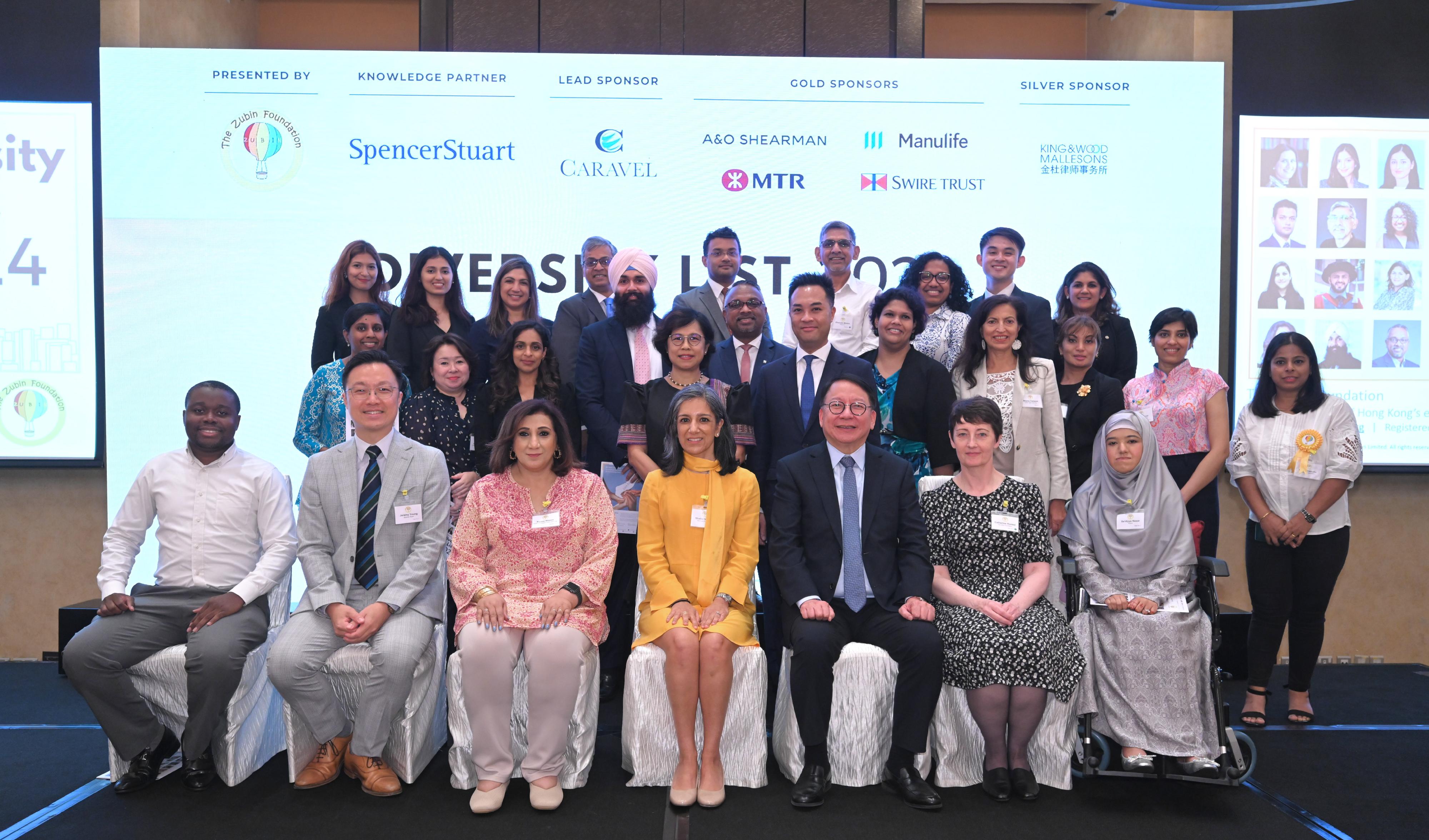 The Chief Secretary for Administration, Mr Chan Kwok-ki, attended the Diversity List 2024 Launch Event today (June 20). Photo shows Mr Chan (first row, fifth left), Co-founder and the Chief Executive Officer of the Zubin Foundation, Ms Shalini Mahtani (first row, fourth left), and other guests with the appointees on the List.