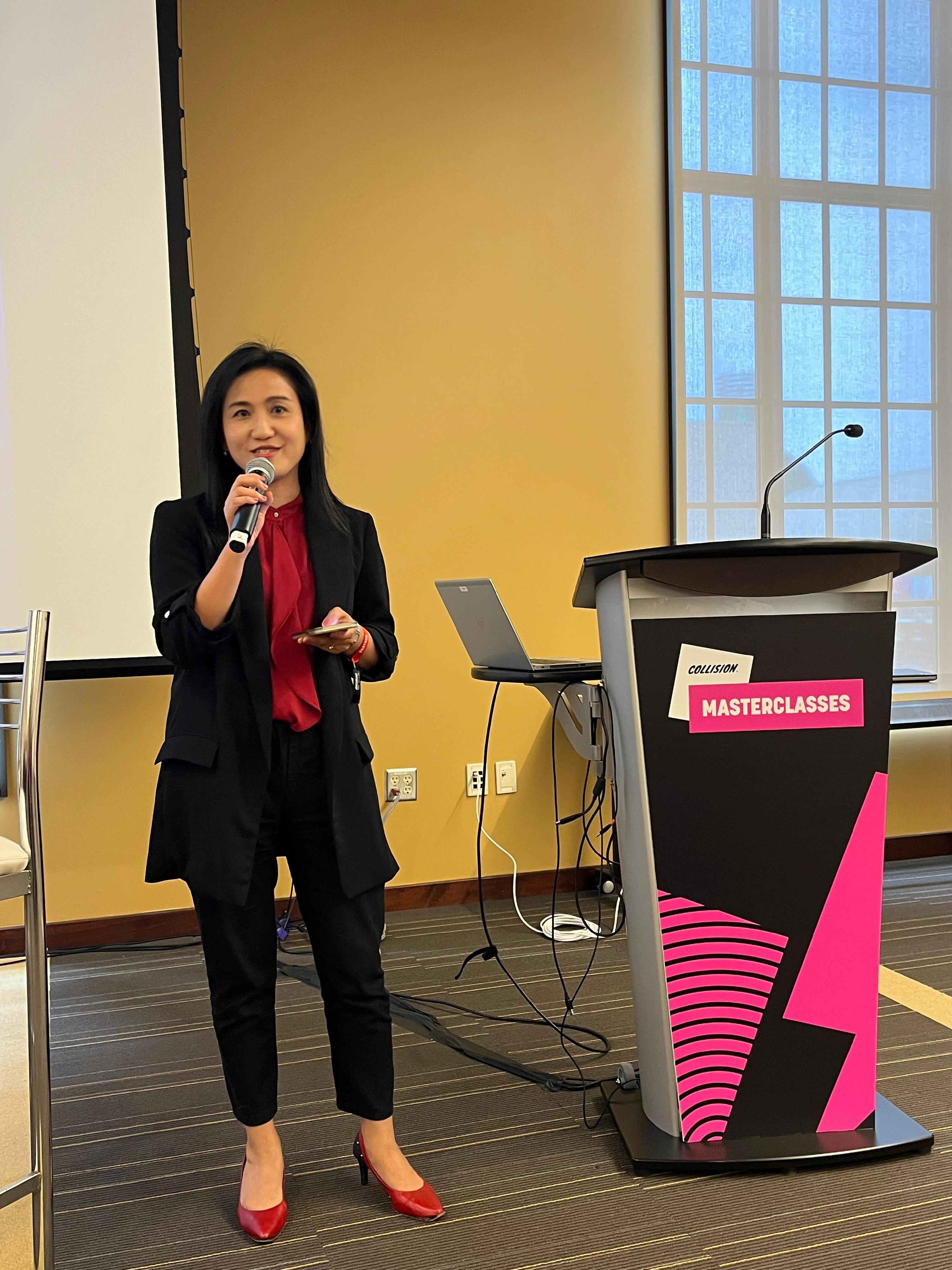 The Director of the Hong Kong Economic and Trade Office in Toronto, Ms Emily Mo, speaks to the participants at the Collision 2024 Masterclass titled "Hong Kong opportunities: Fintech/Crypto/Web3 and beyond" on June 19 (Toronto time).
