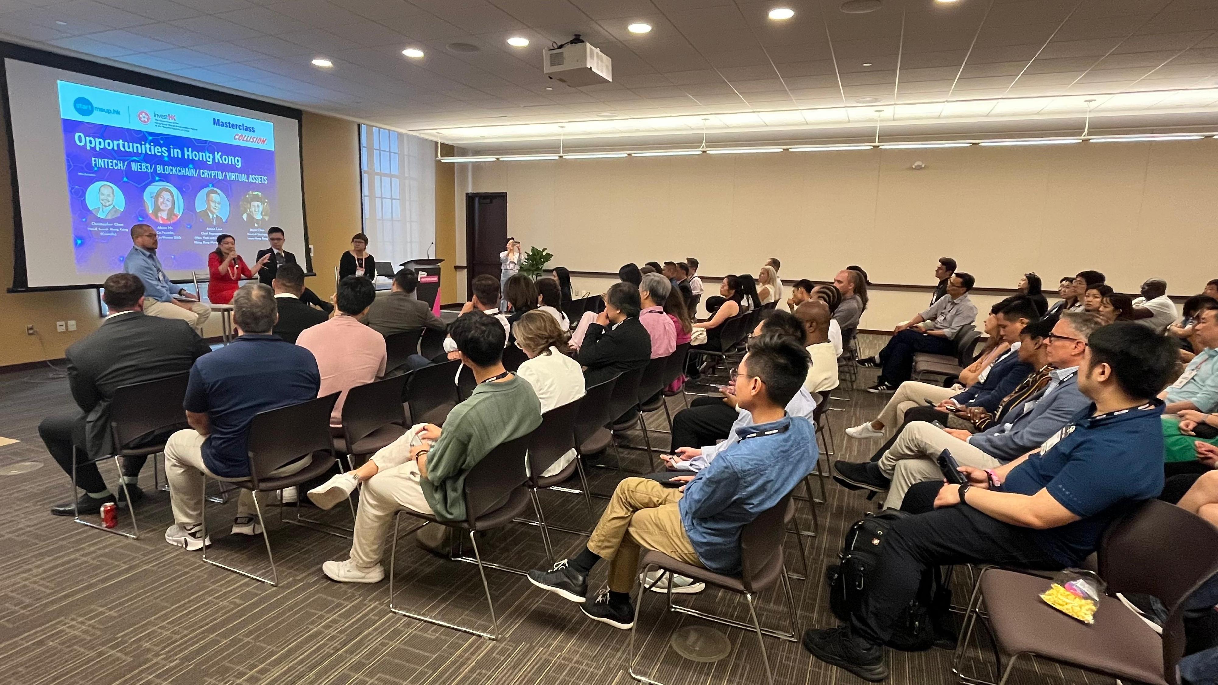 With the support of the Hong Kong Economic and Trade Office in Toronto, Invest Hong Kong and StartmeupHK hosted a Masterclass titled "Hong Kong opportunities: Fintech/Crypto/Web3 and beyond" at Collision 2024 on June 19 (Toronto time) with participants including entrepreneurs, investors, start-ups and innovation and technology professionals.