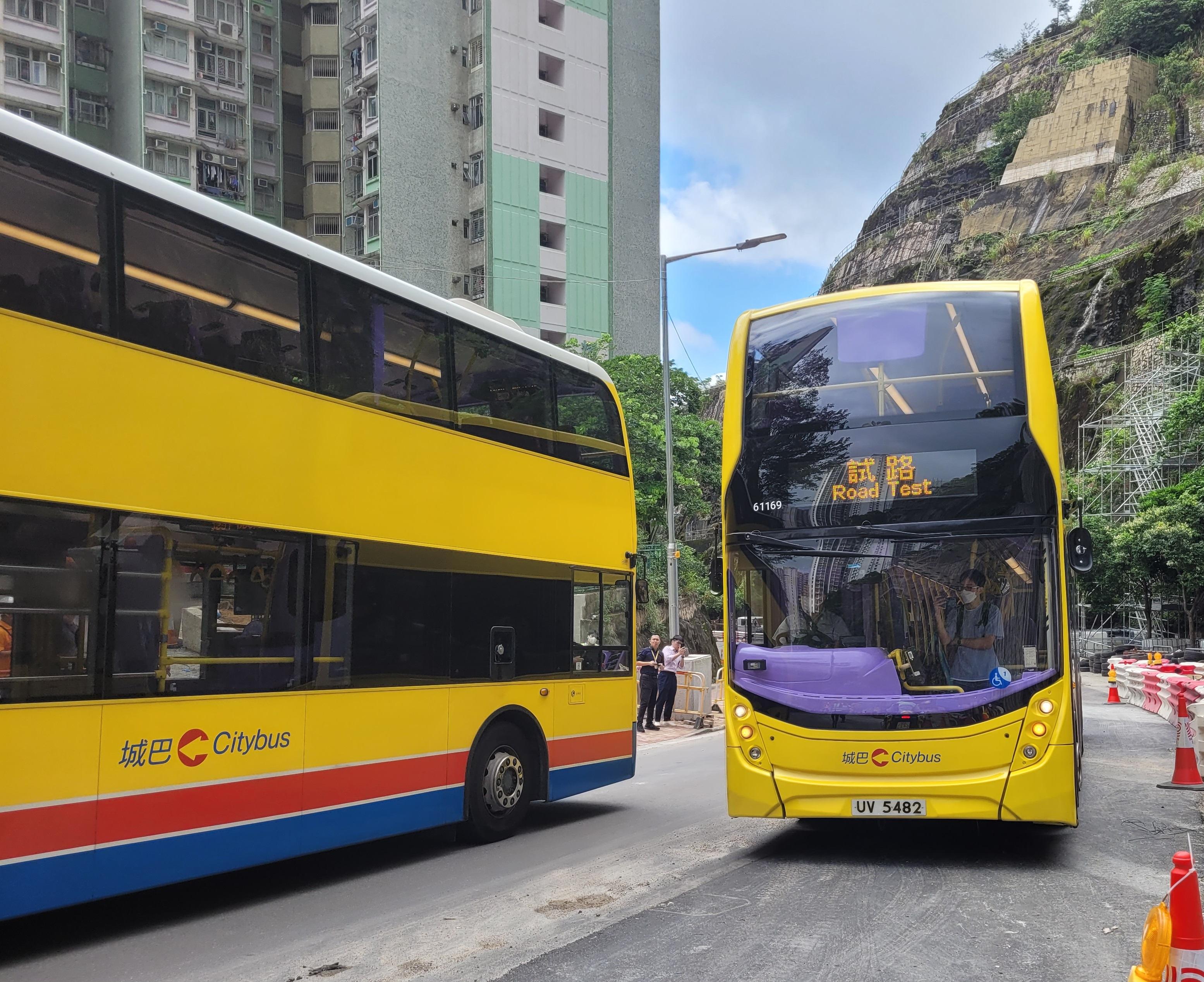 The Highways Department today (June 28) announced that Yiu Hing Road will fully resume traffic on June 30 (Sunday). Photo shows a bus trial run conducted before the reopening of the road section.