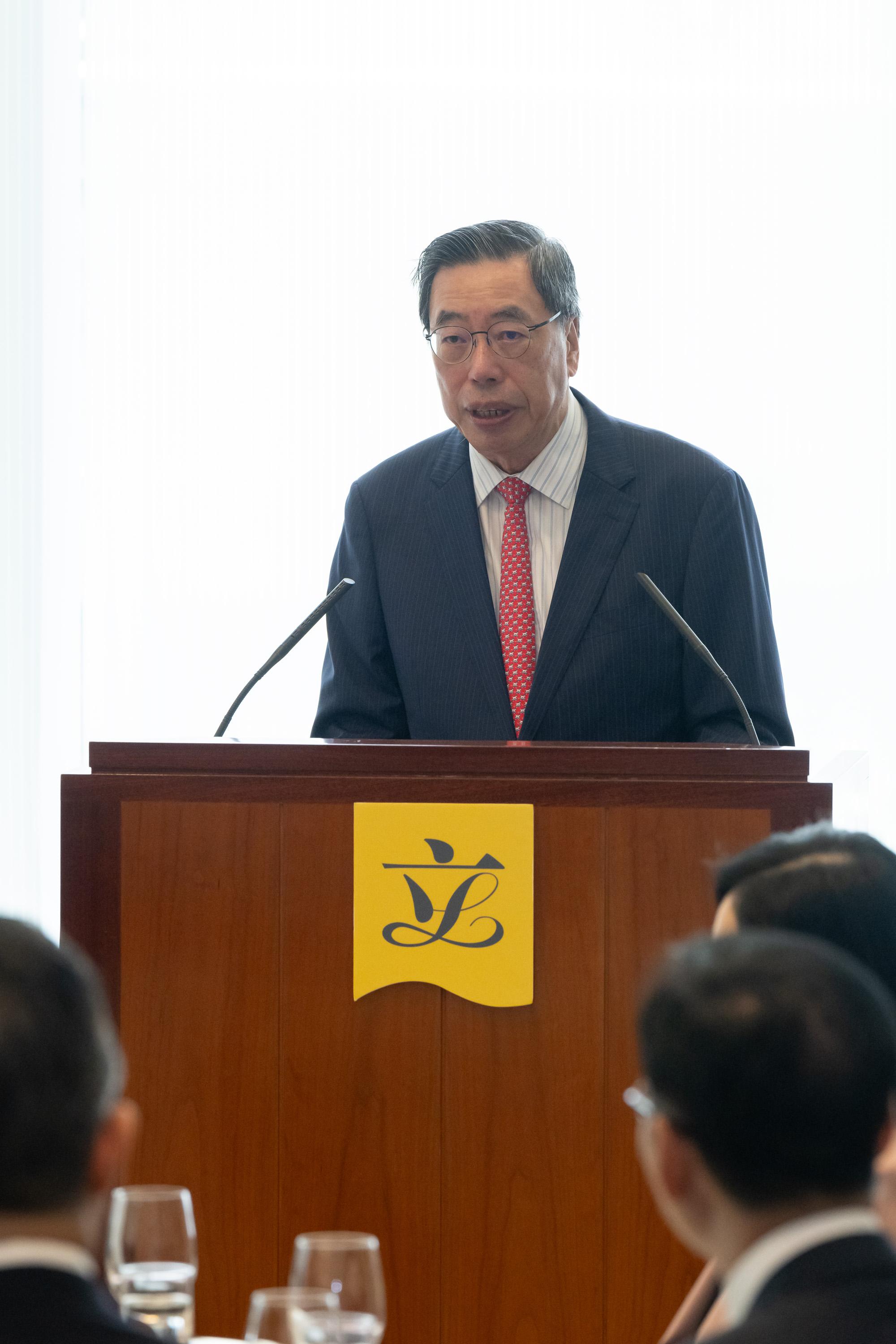 The President of the Legislative Council (LegCo), Mr Andrew Leungn, hosted a luncheon for LegCo Members and the Director and other officials of the Liaison Office of the Central People's Government in the Hong Kong Special Administrative Region. Photo shows the President of LegCo, Mr Andrew Leung, delivering a speech at the luncheon.