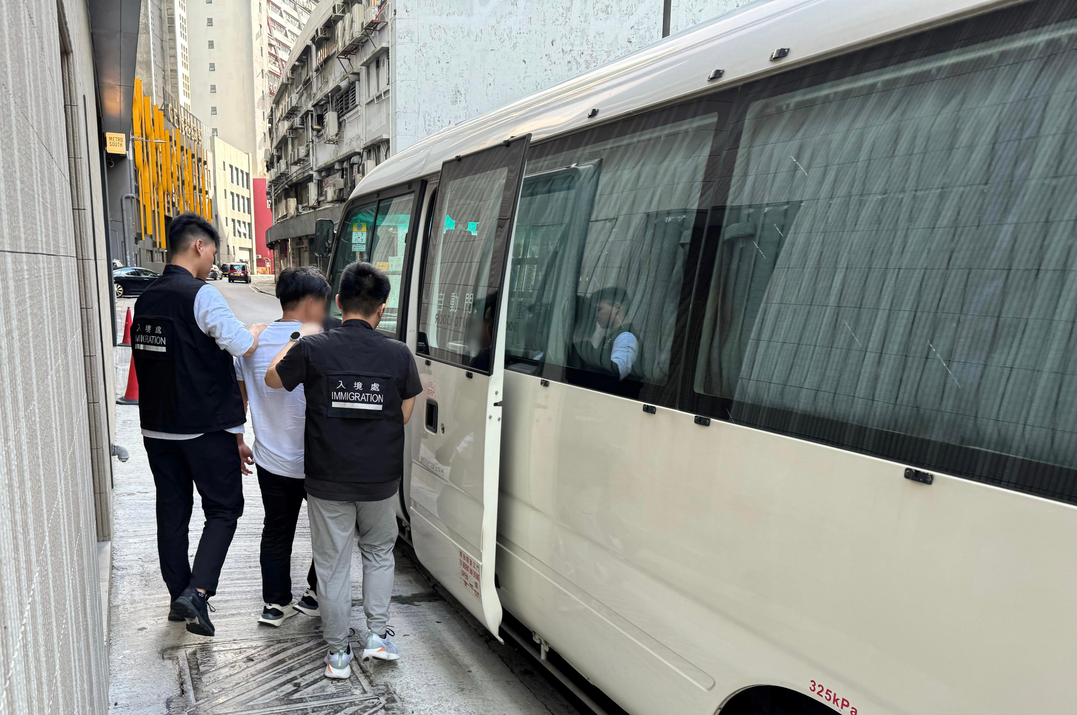 The Immigration Department mounted a series of territory-wide anti-illegal worker operations codenamed "Greenlane"," Lightshadow" and "Twilight" and joint operations with the Hong Kong Police Force codenamed "Champion" and "Windsand" for four consecutive days from June 24 to yesterday (June 27). Photo shows a suspected illegal worker arrested during an operation.