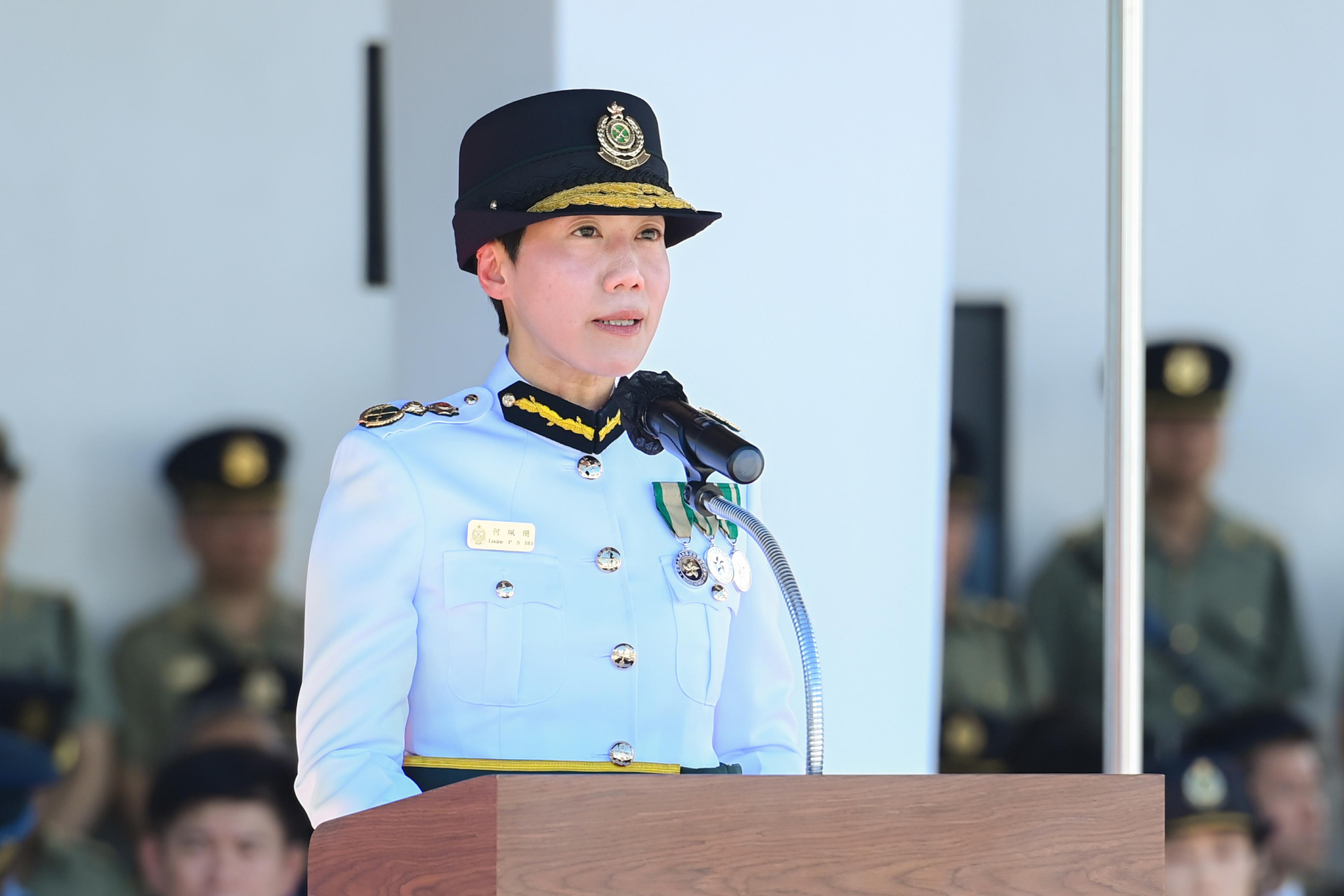 The Commissioner of Customs and Excise, Ms Louise Ho, delivers a speech at the Hong Kong Customs Passing-out Parade today (July 5).