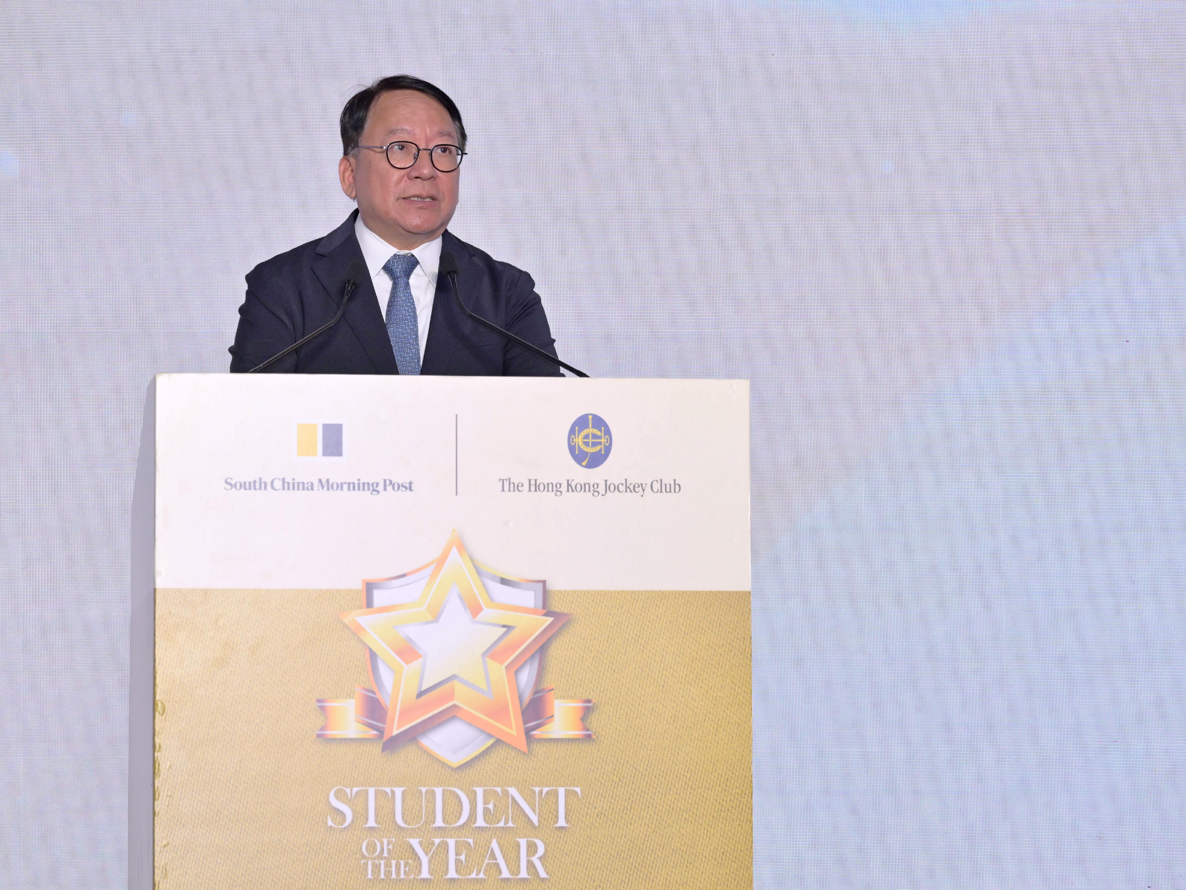 The Chief Secretary for Administration, Mr Chan Kwok-ki, delivers a speech at the Student of the Year Awards 2023/24 Presentation Ceremony today (July 6).