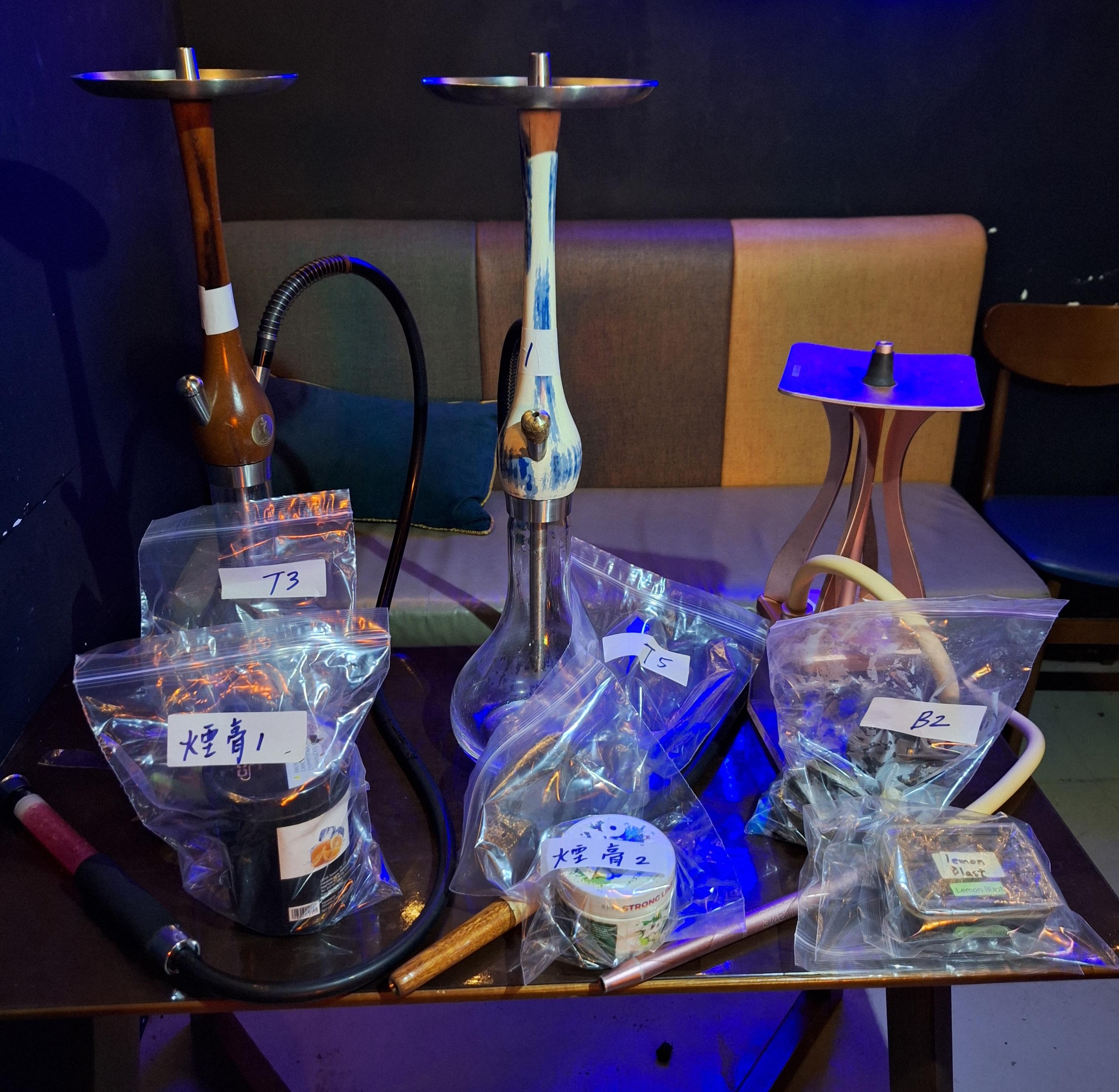 The Tobacco and Alcohol Control Office of the Department of Health conducted an enforcement operation against illegal waterpipe smoking activities in no smoking areas in Wan Chai during the evening of July 6. Photo shows waterpipes seized in the operation.