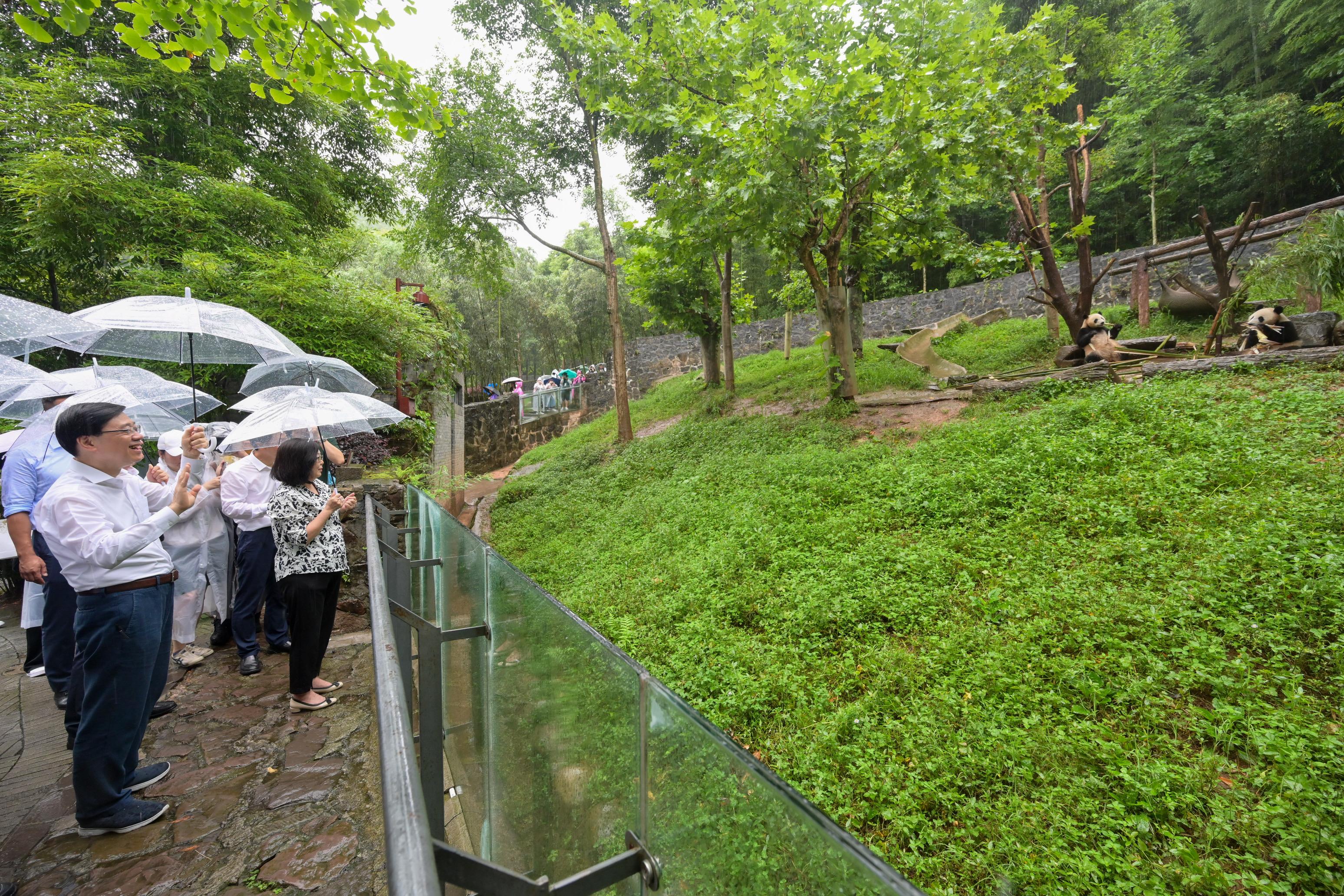 行政长官李家超及夫人李林丽婵今日（七月八日）在四川展开访问行程。图示李家超及夫人（左一及二）到访中国大熊猫保护研究中心都江堰基地，探访基地的大熊猫。