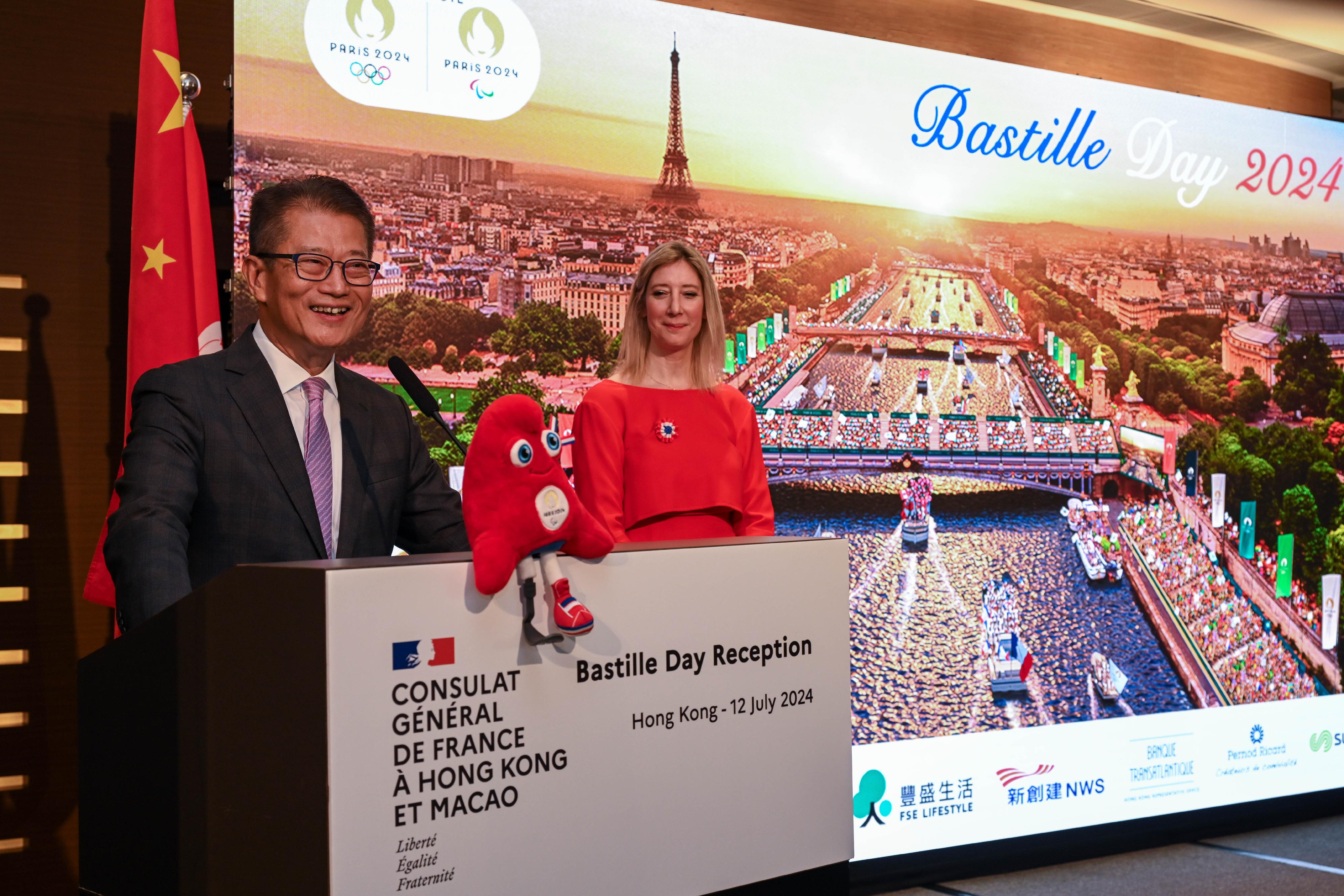 The Financial Secretary, Mr Paul Chan, speaks at the reception in celebration of 2024 Bastille Day this evening (July 12).