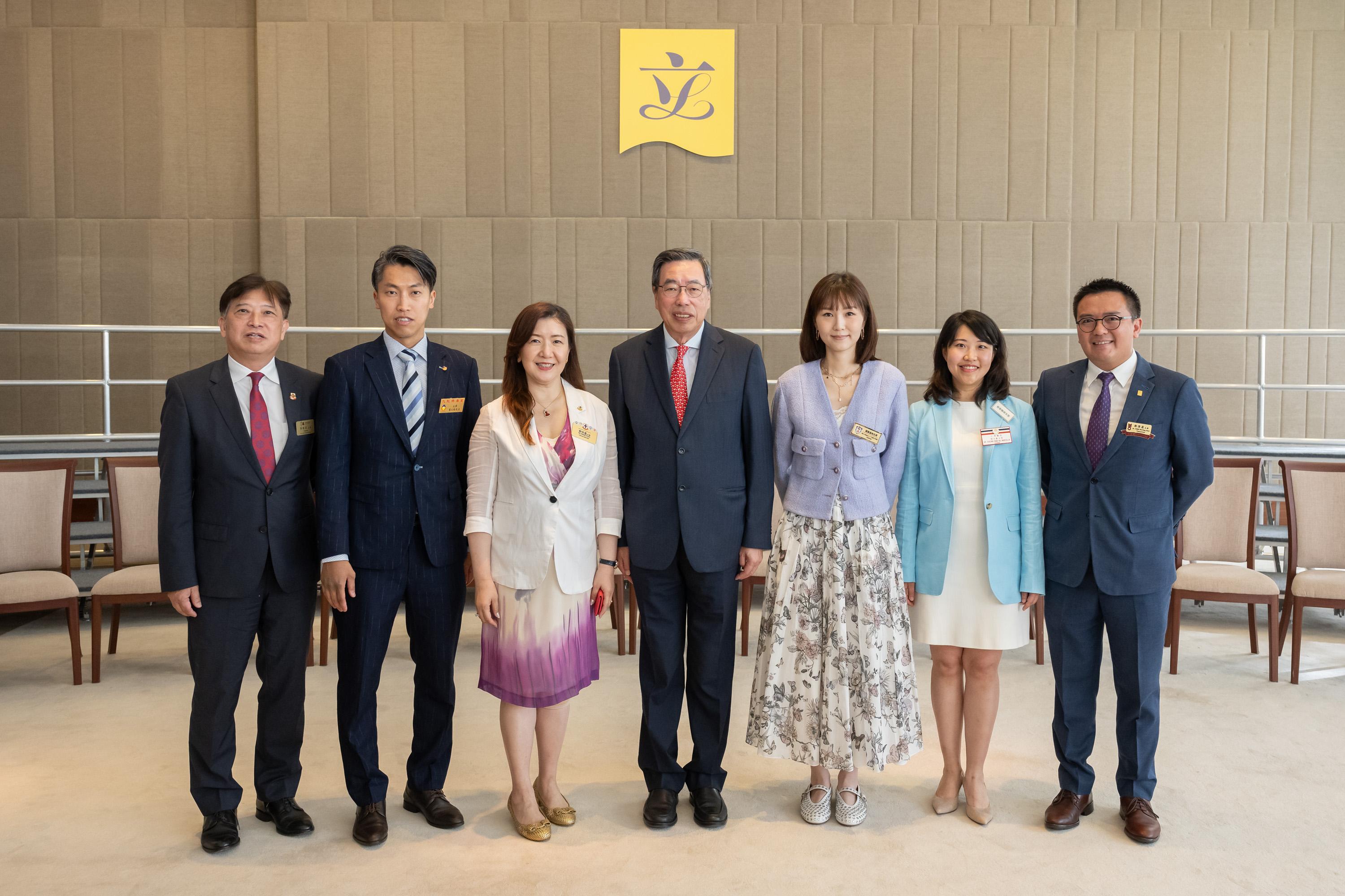 An annual tea reception for Legislative Council (LegCo) Members and members of the Boards of Directors of six charitable organisations was held today (July 15) in the Dining Hall of the LegCo Complex. Photo shows (from left) the Chairman of Pok Oi Hospital, Mr Danny Chau; the Chairman of Lok Sin Tong Benevolent Society, Kowloon, Mr Michael Mok; the Chairman of Tung Wah Group of Hospitals, Ms Mandy Tang; the President of LegCo, Mr Andrew Leung; the Chairman of Po Leung Kuk, Mrs Helena Pong; the Chairman of Yan Chai Hospital, Dr Marcella Cheung, and the Chairperson of Yan Oi Tong, Mr Henry Cheng, at the tea reception.
