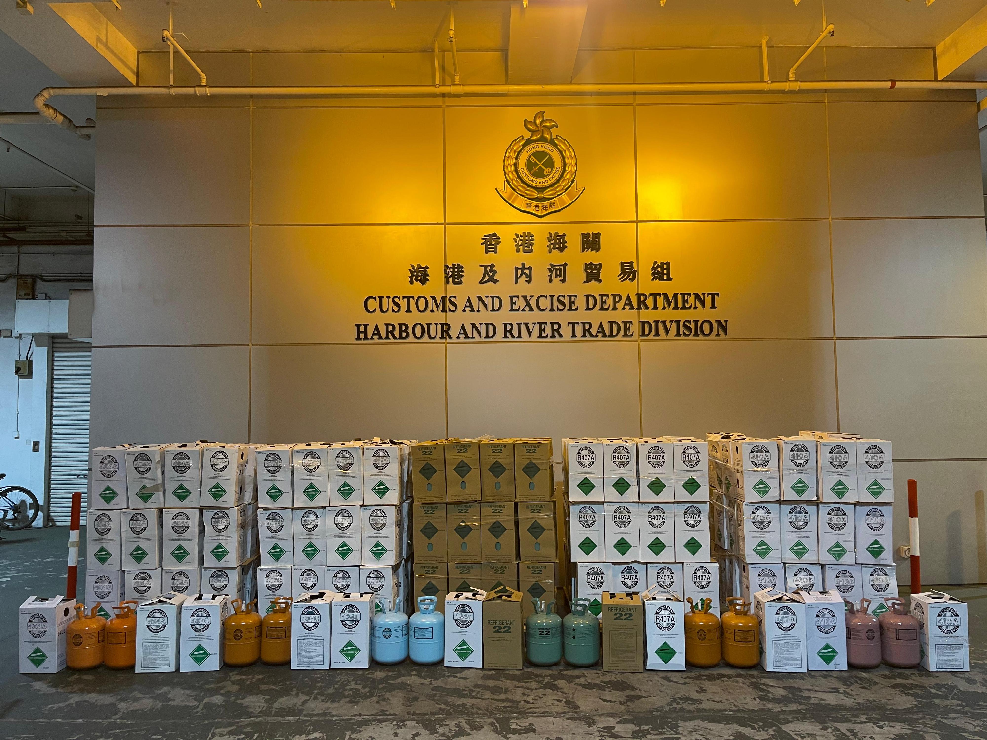 Hong Kong Customs detected two suspected smuggling cases involving ocean-going vessels in July. A large batch of suspected smuggled goods with a total estimated market value of about $80 million was seized. Photo shows suspected smuggled refrigerants seized.