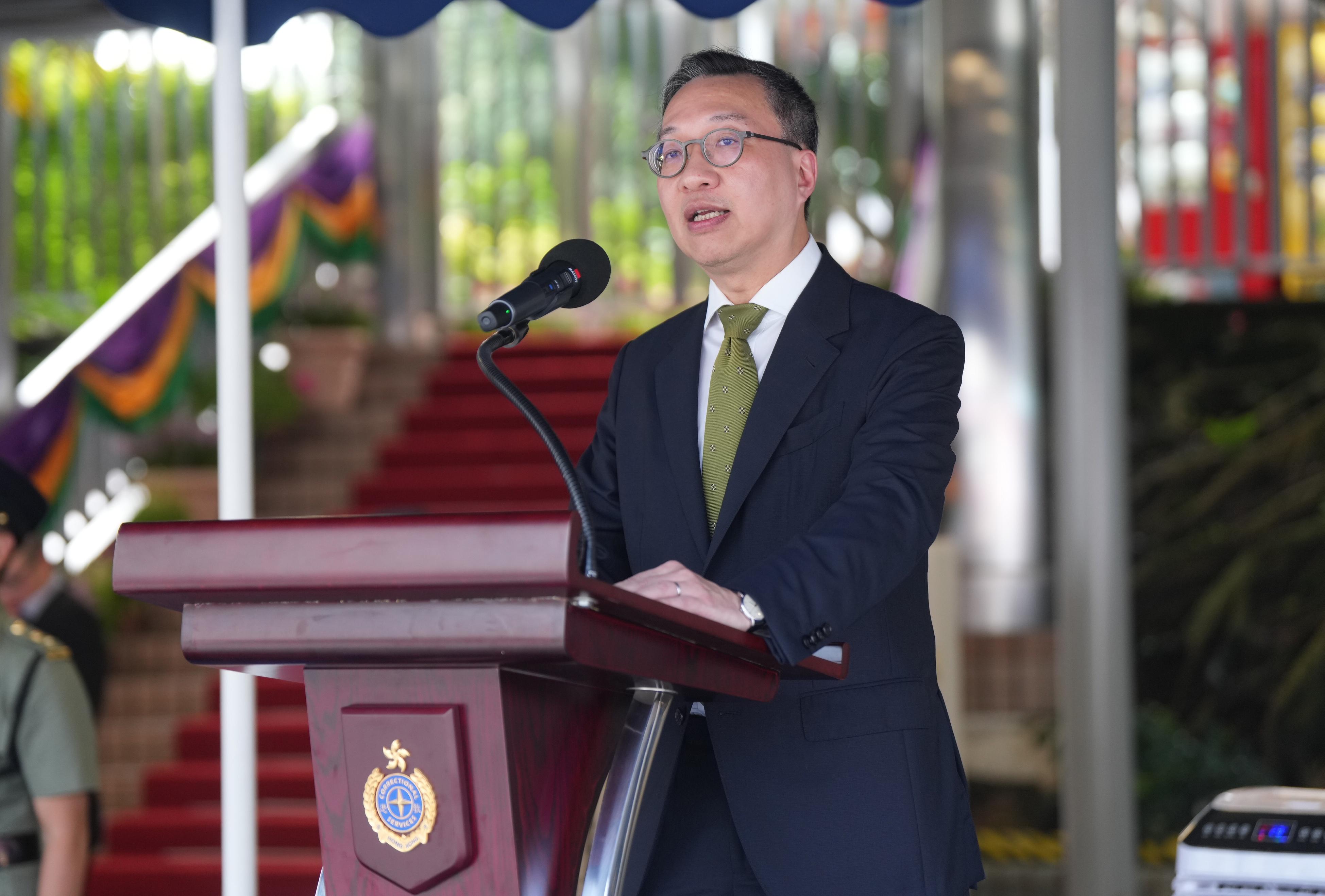 The Correctional Services Department held a passing-out parade at the Hong Kong Correctional Services Academy today (August 2). Photo shows the Secretary for Justice, Mr Paul Lam, SC, delivering a speech.