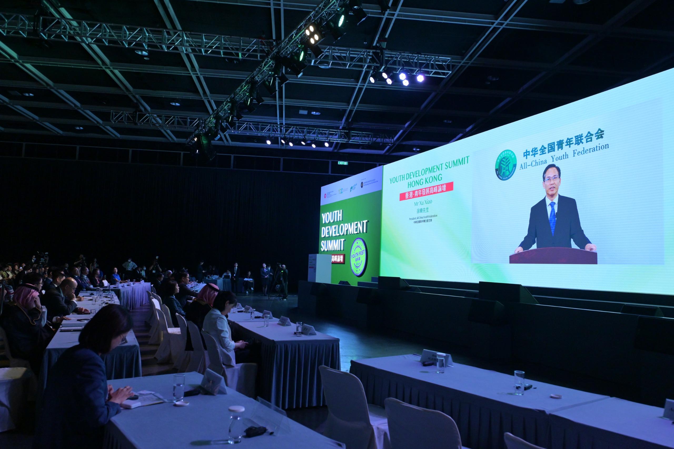 The Home and Youth Affairs Bureau today (August 10) hosted the Youth Development Summit as the opening and highlights of the 2024 Youth Festival. Photo shows the President of All-China Youth Federation, Mr Xu Xiao, delivering his recorded speech at the Summit.