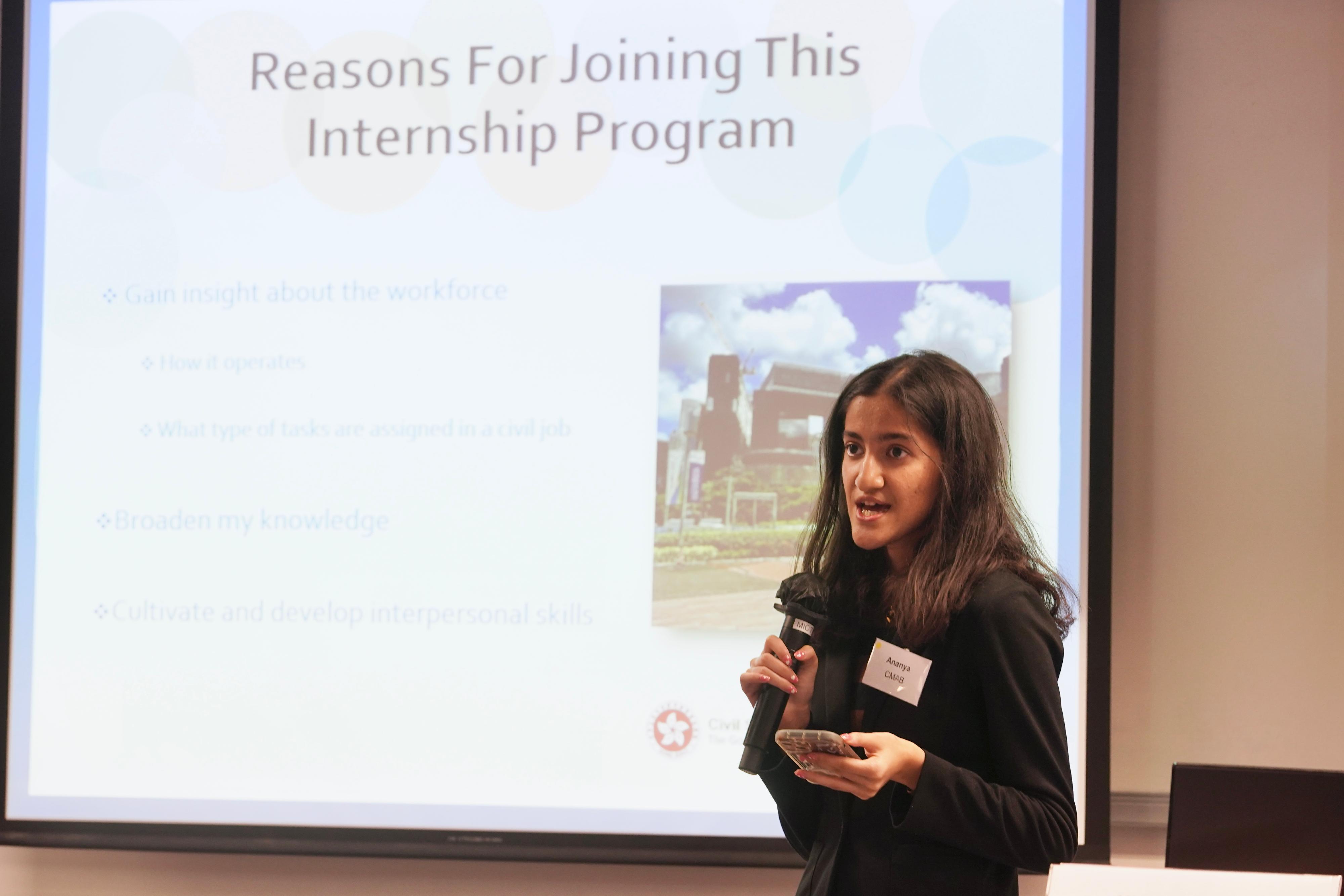 The Secretary for the Civil Service, Mrs Ingrid Yeung, attended a sharing session on the Internship Programme for Non-ethnic Chinese Students today (August 12) to listen to the students sharing their internship experiences and takeaways. Photo shows an intern, Miss Singh Ananya, sharing her internship experience.