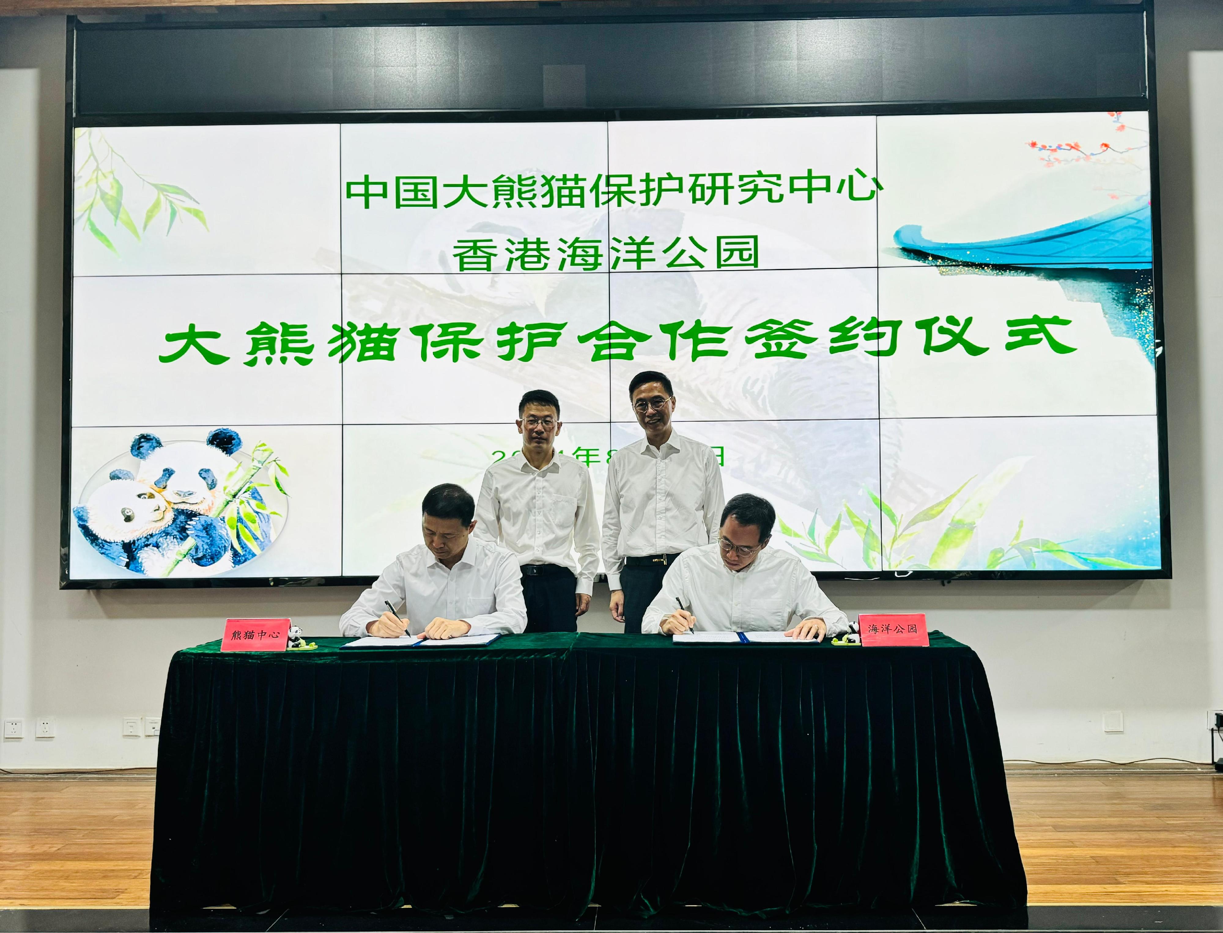 The Secretary for Culture, Sports and Tourism, Mr Kevin Yeung, started his visit to Sichuan yesterday (August 15). Photo shows Mr Yeung (back row, right); the Party Committee Secretary and Deputy Director of the China Conservation and Research Centre for the Giant Panda (CCRCGP), Mr Lu Yongbin (front row, left); Deputy Director of the CCRCGP Mr Li Desheng (left, back row); and the Chairman of the Ocean Park Hong Kong, Mr Paulo Pong (front row, right), today (August 16) attending the co-operation agreement signing ceremony on gifting a pair of giant pandas by the Central Government to the Hong Kong Special Administrative Region Government.